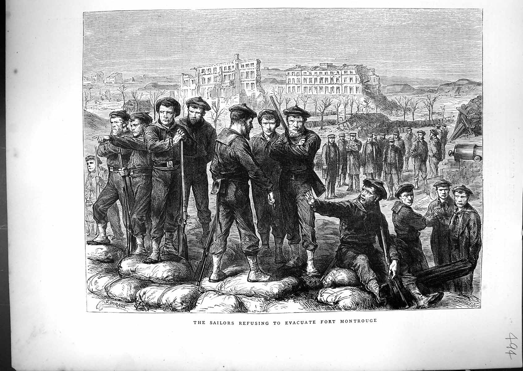 Antique Old Print 1871 Sailors Refusing Evacuate Fort Montrouge War Rifles 19th