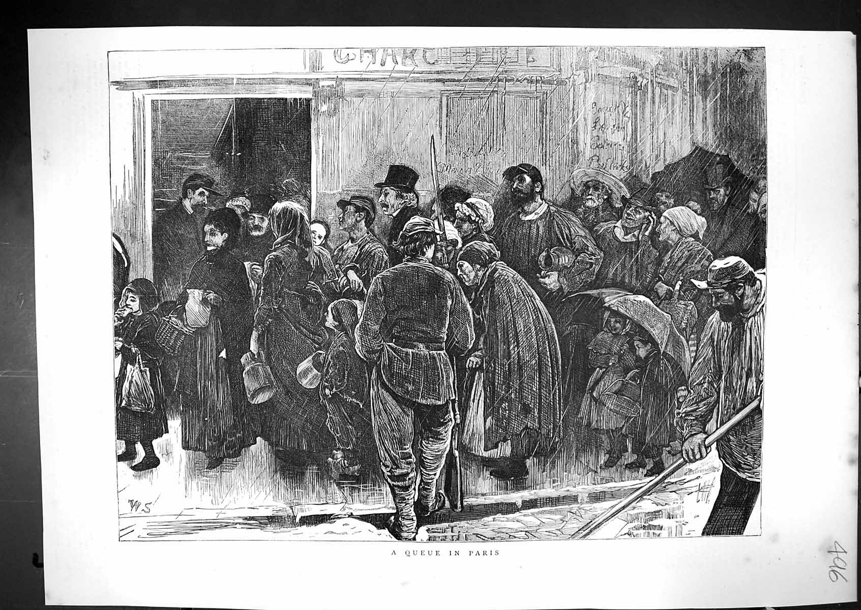 Original Old Antique Print 1871 Queue Paris France Food Provisions People 19th