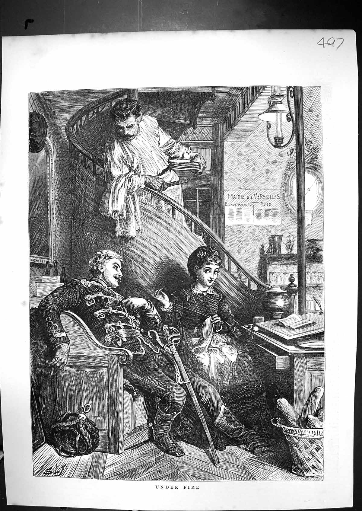 Old Print 1871 Under Fire War Sier Lady Sewing Man Stairs Versailles Fra 19th