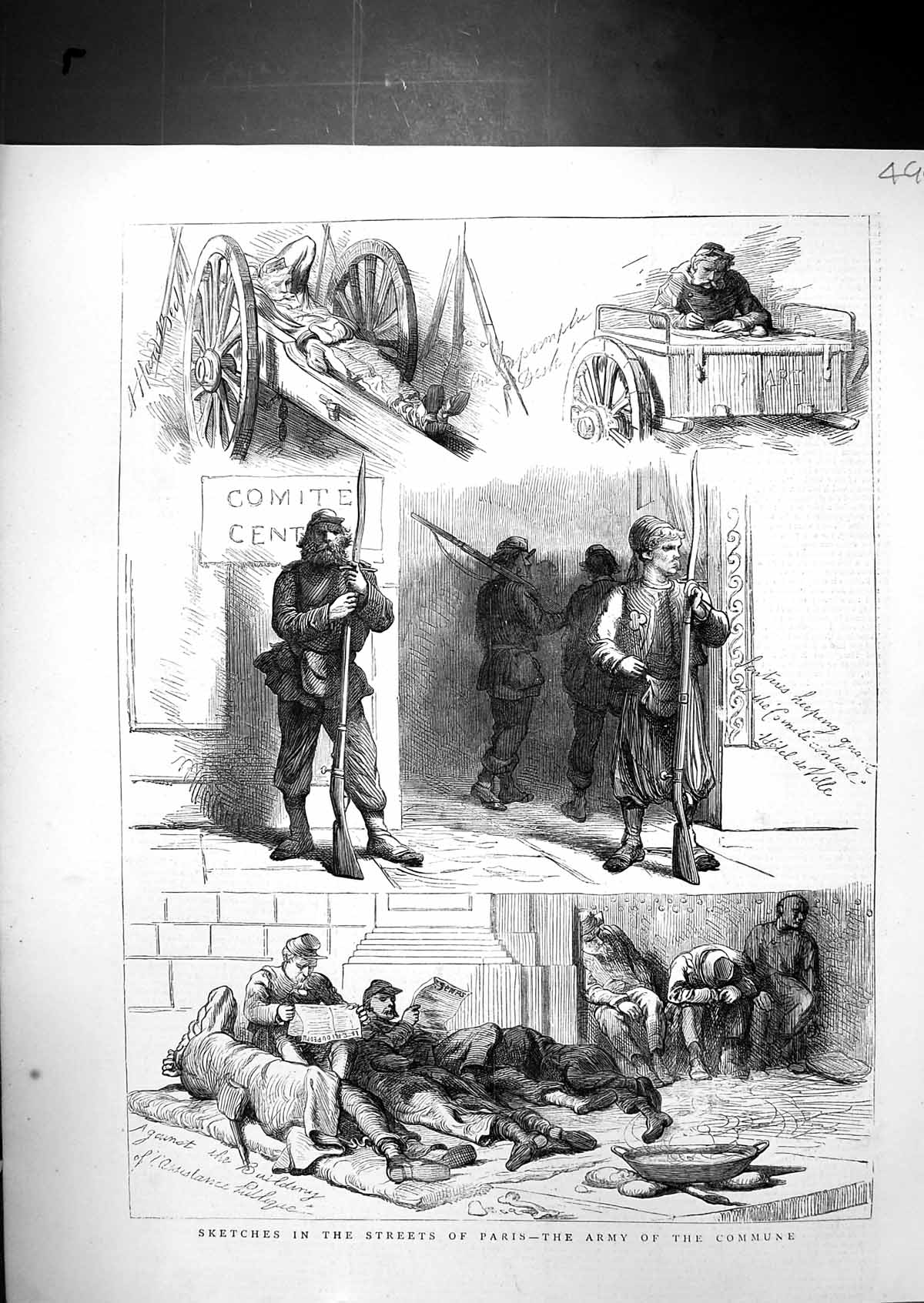 Original Old Antique Print 1871 Street Scene Paris France Army Commune Siers