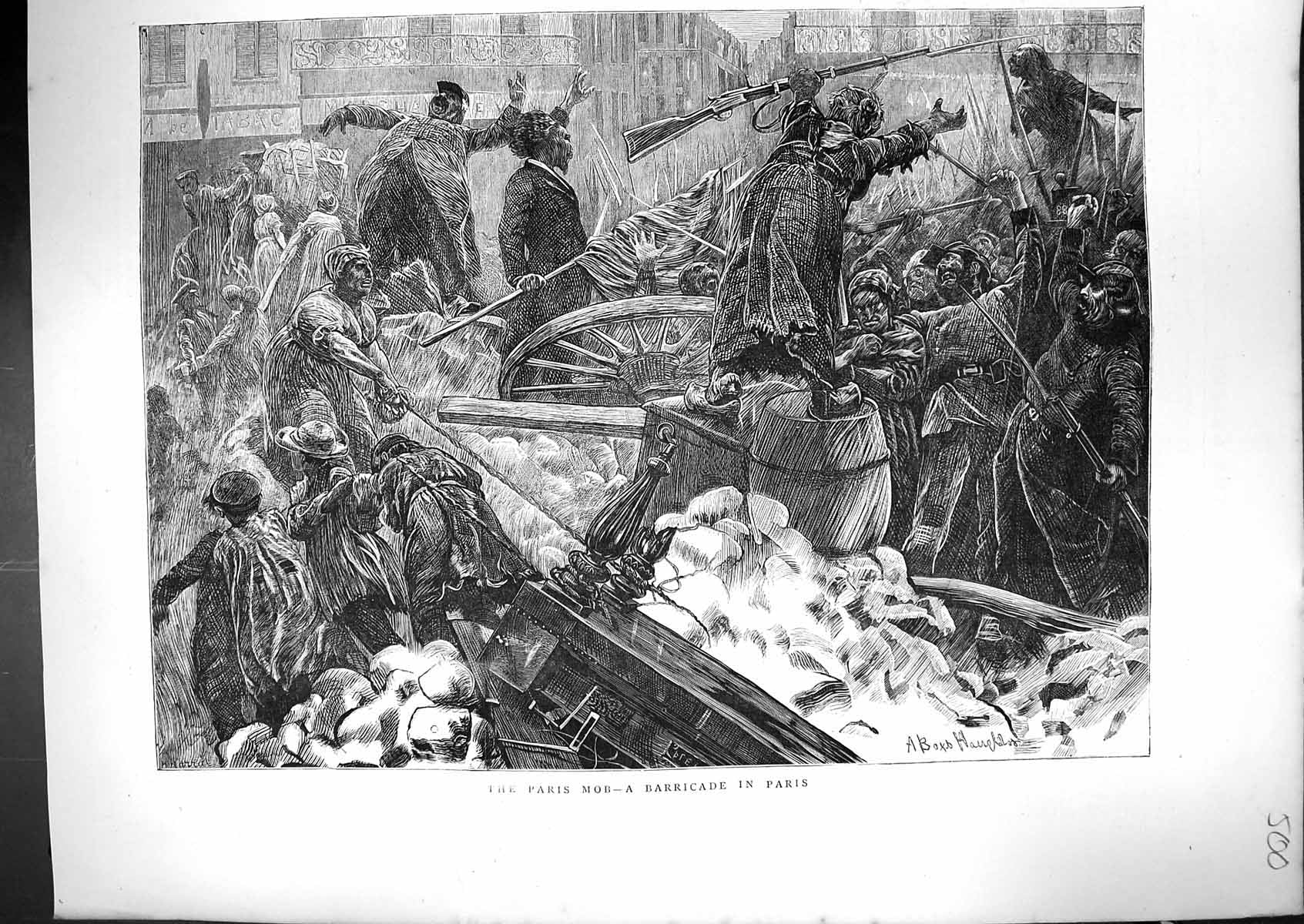 Original Old Antique Print 1871 Barricade France Paris Mob Weapons Victorian
