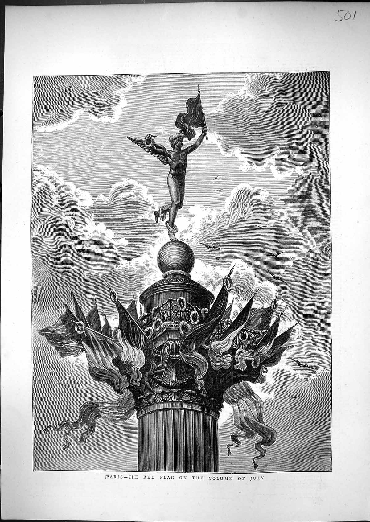 Antique Old Print 1871 Paris France Red Flag Column July Monument Fine Art 19th