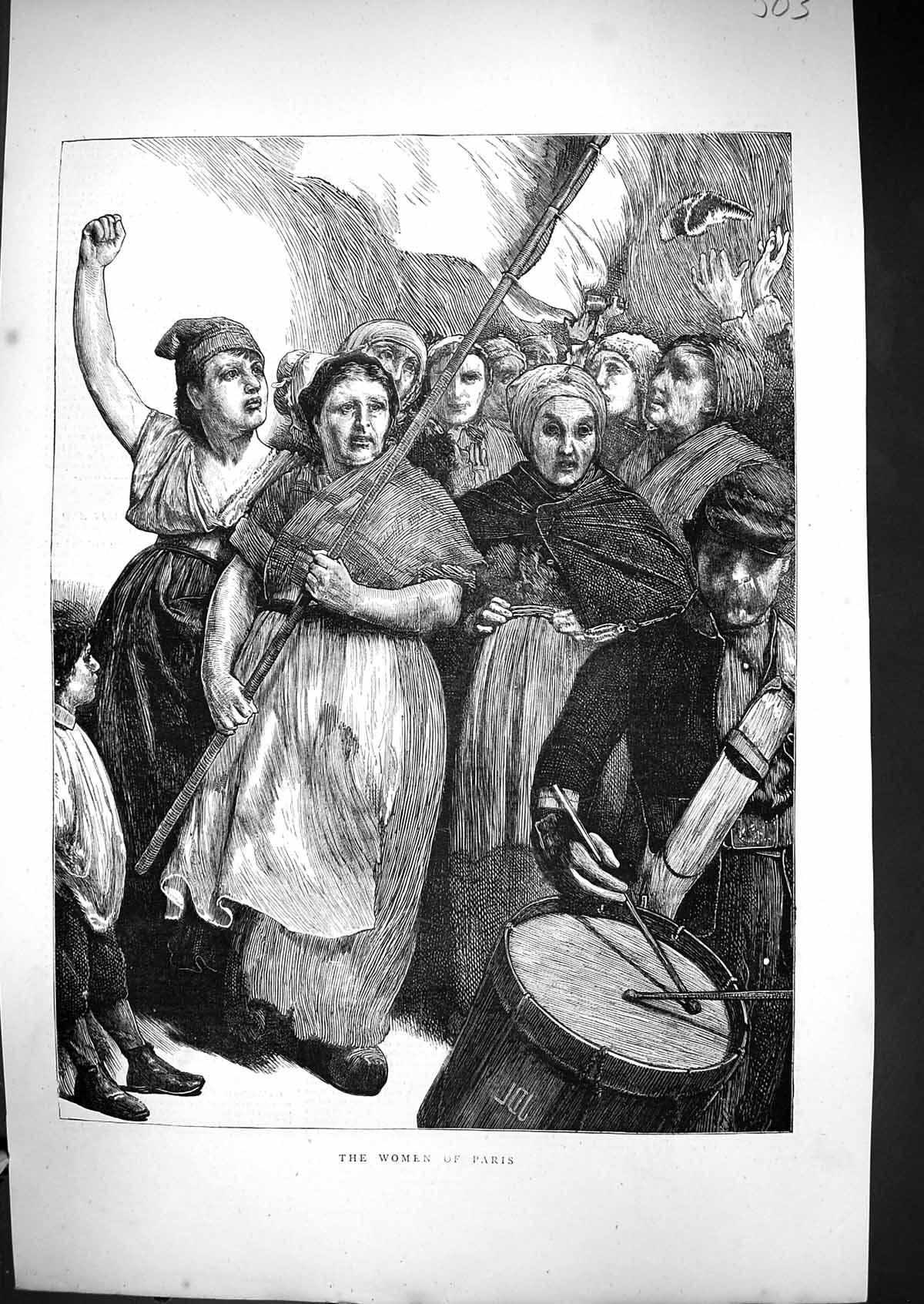 Antique Old Print 1871 Women Paris France Marching Music Band Street Scene 19th