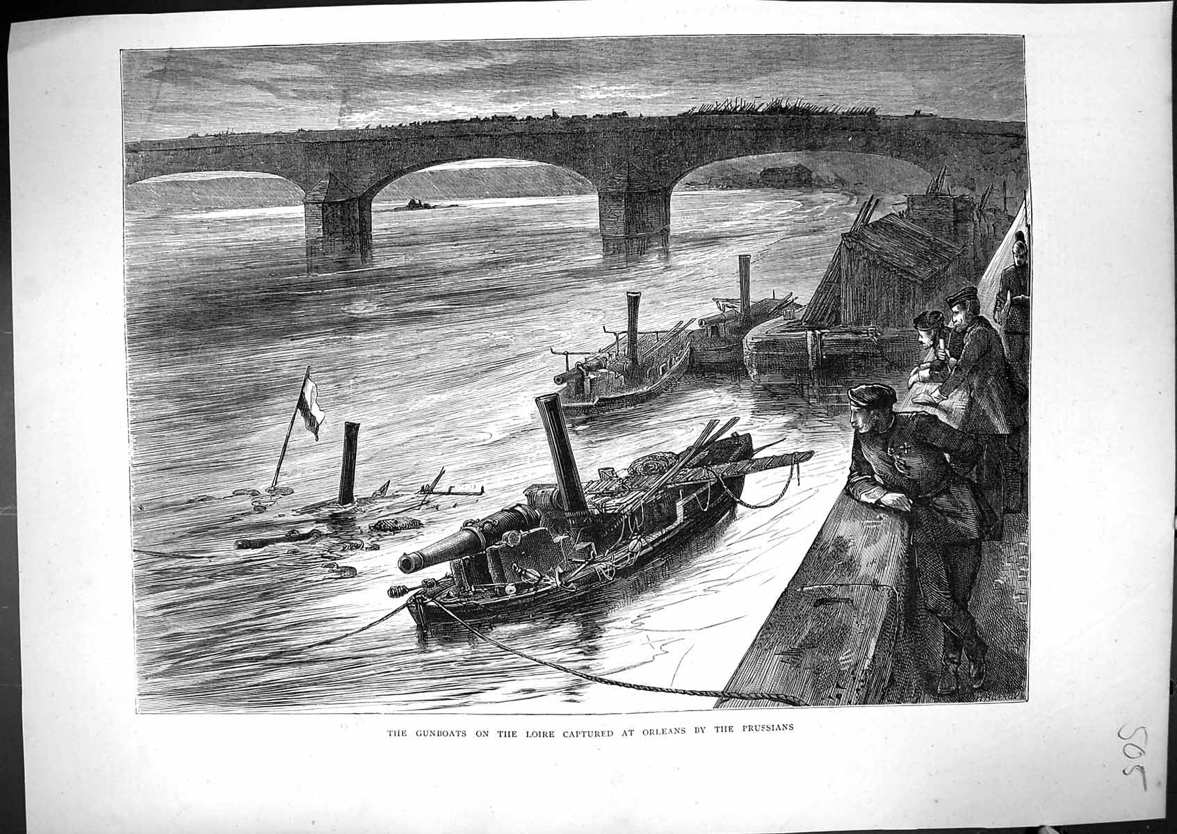 Antique Old Print 1871 Gunboats Loire River Captured Orleans Prussians France