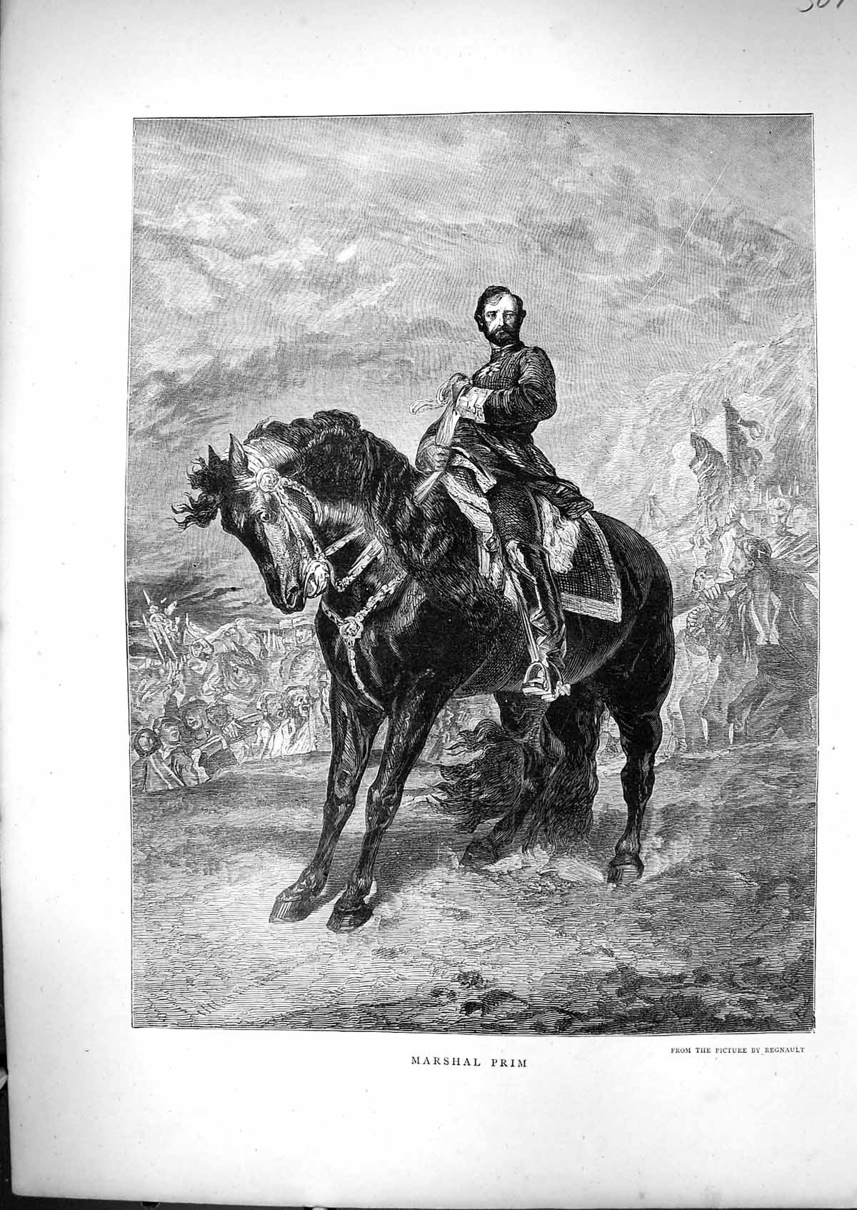 Original Old Antique Print 1871 Fine Art Portrait Marshal Prim War Sier Horse