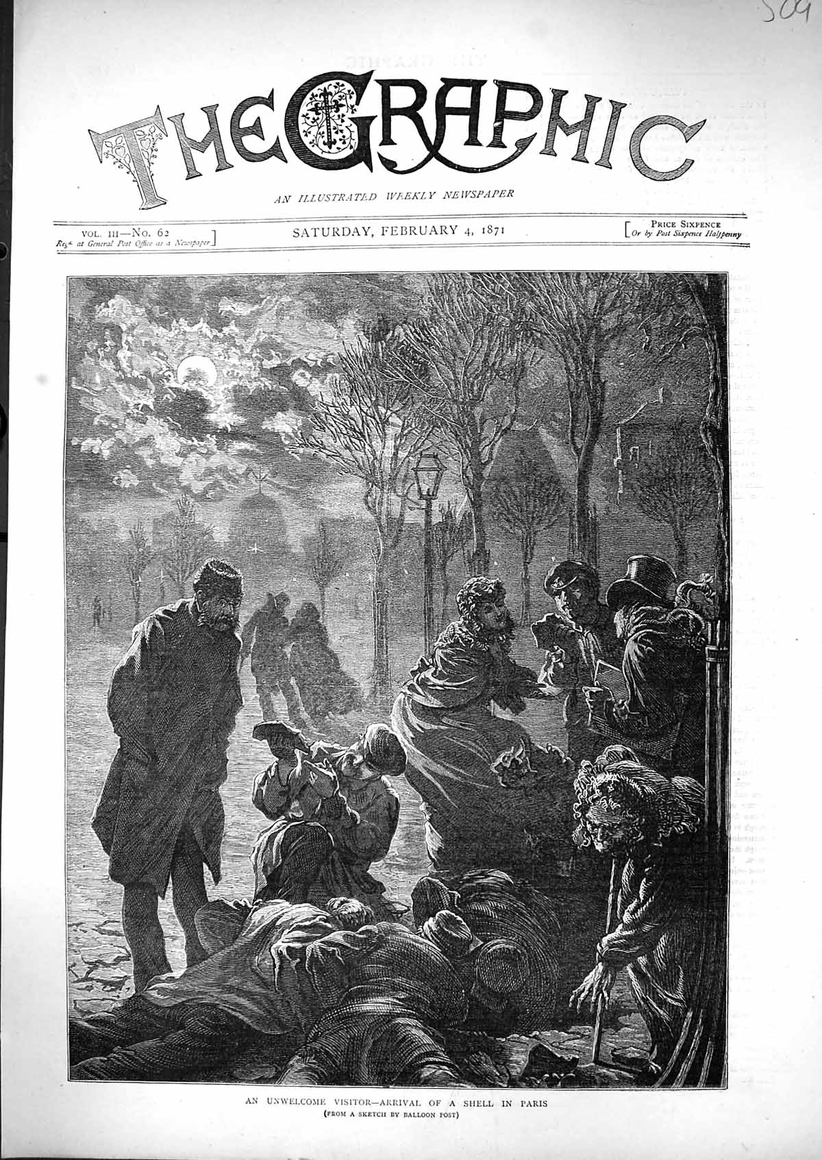 Original Old Antique Print 1871 War Bomb Shell Paris France Moonlight Fine Art