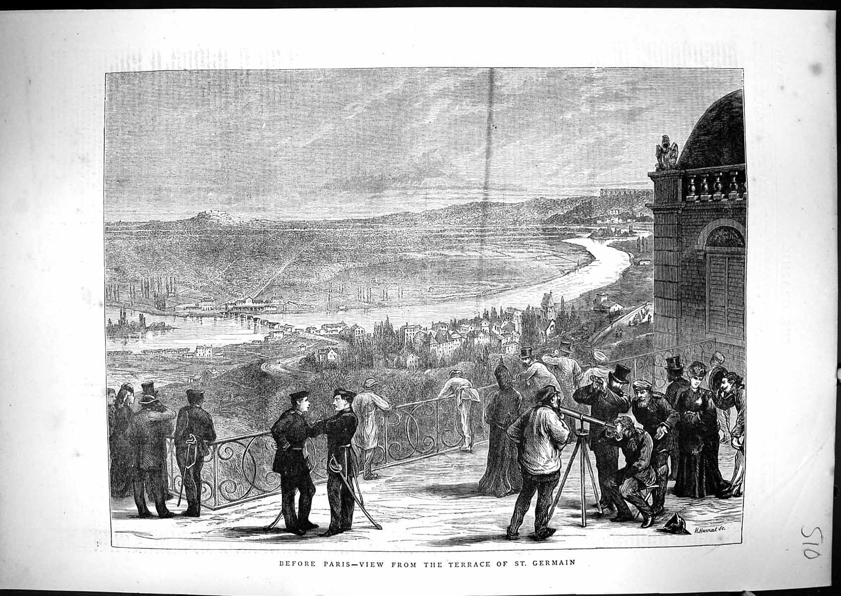 Antique Old Print 1871 View Paris Terrace St. Germain France People Telescope