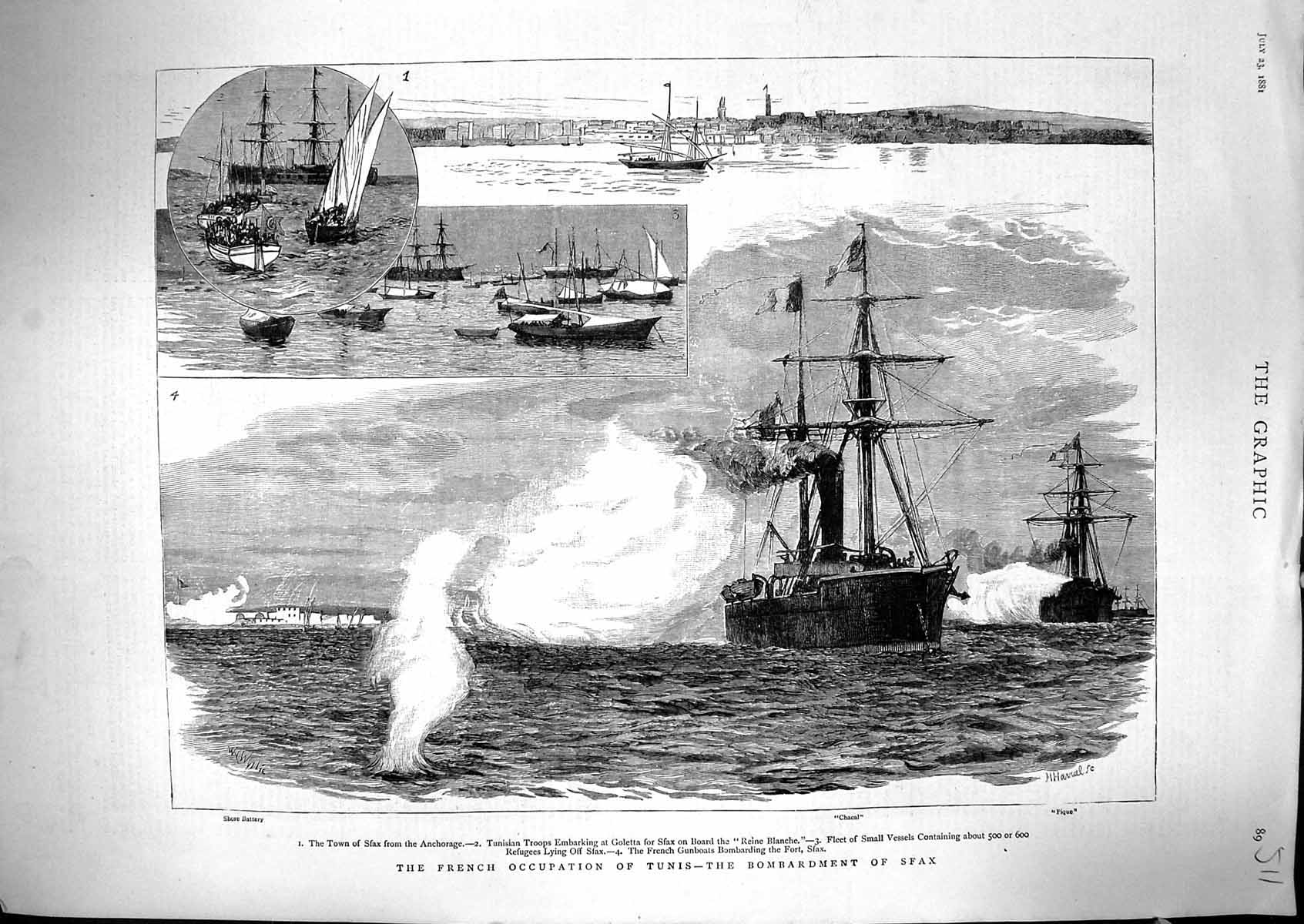 Old 1881 French War Ships Tunis Sfax Chacal Pique Shore Battery Golet Victorian