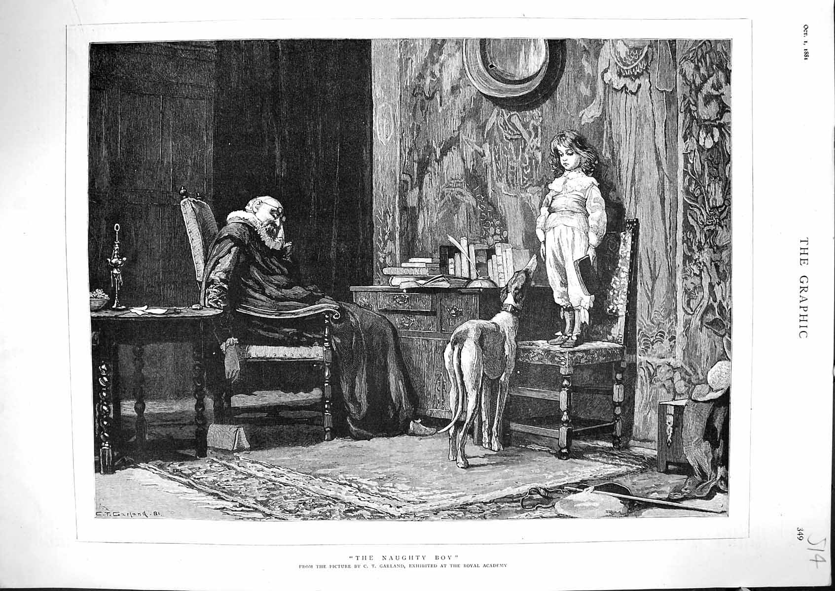Old Antique Print 1881 Naughty Boy Chair Dog Man Sleeping Chair Garland 19th