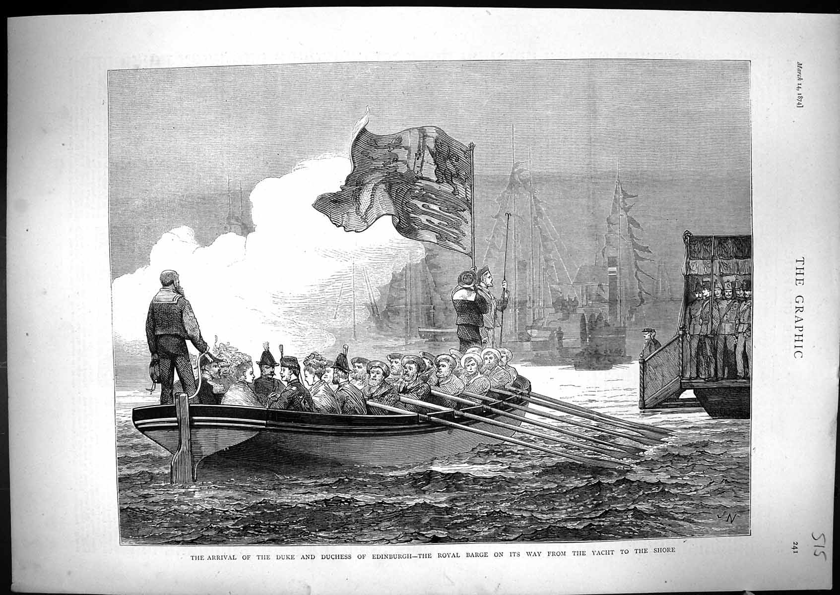 Old Antique Print 1874 Duke Duchess Edinburgh Royal Barge Boat Yacht Ship 19th