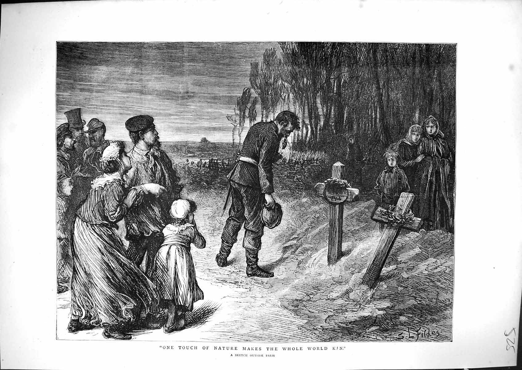Original Old Antique Print 1871 Scene Paris France Grave Family Fildes 19th