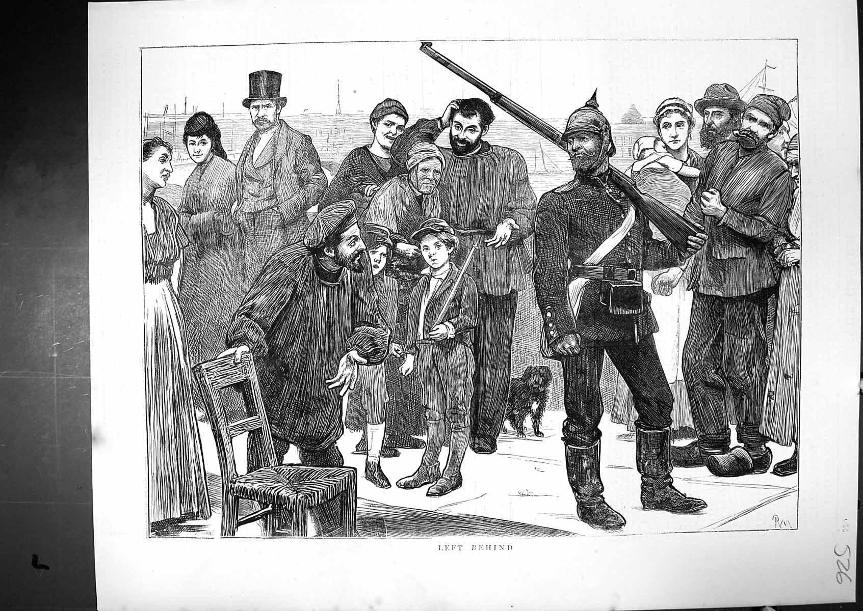 Original Old Antique Print 1871 Man Sier War Left Behind Chair Family Priest