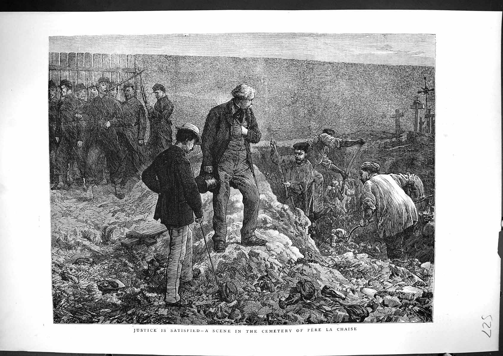 Old Antique Print 1871 Scene Cemetery Pere La Chaise Men Digging Graves 19th