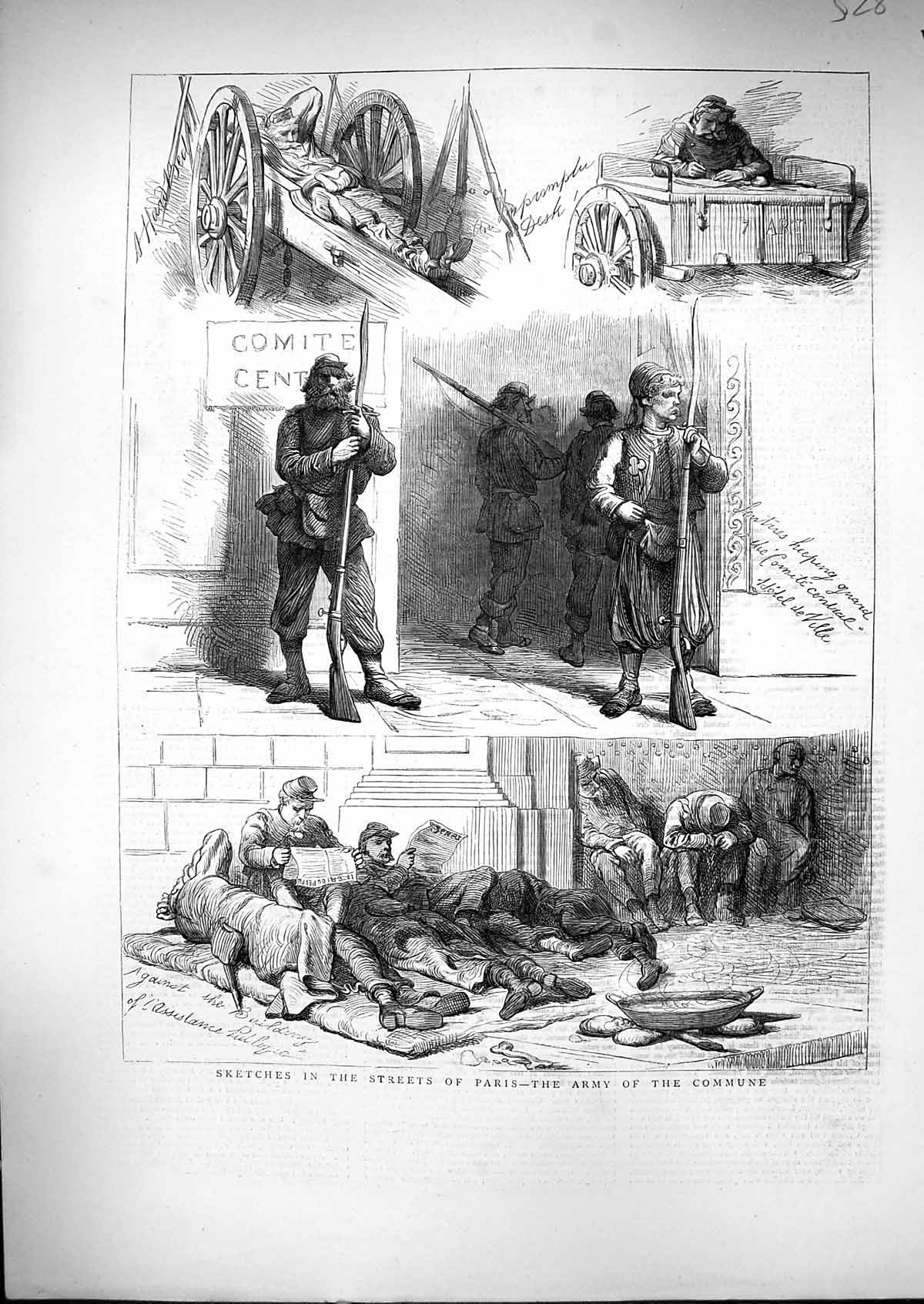 Original Old Antique Print 1871 Street Scene Paris France Army Commune Guard