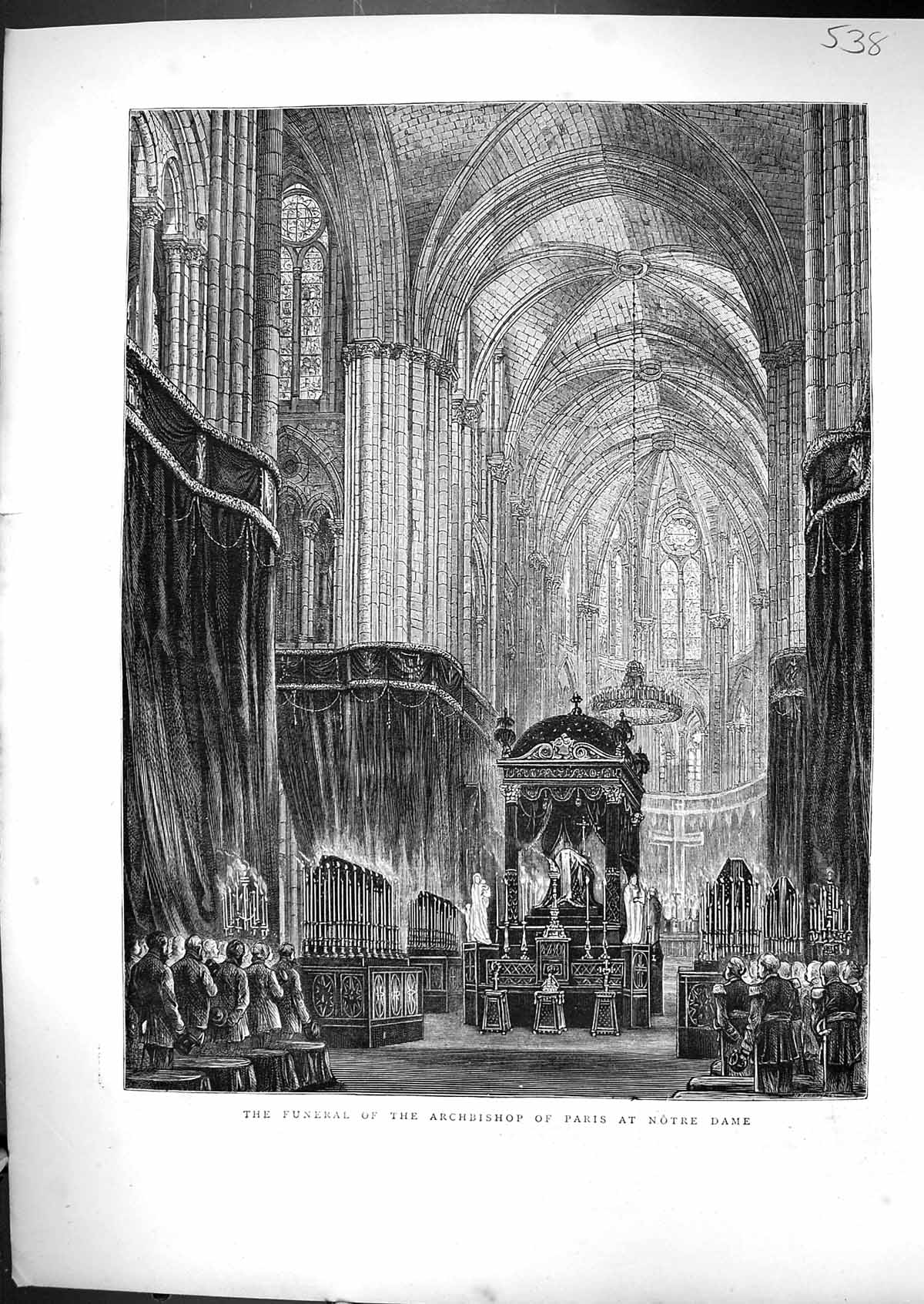 Old Antique Print 1871 Scene Funeral Archbishop Paris Notre Dame France 19th