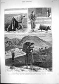 Old Print 1880 Distress Ireland Market Clifden Fuel Kylemore Killery Bay 19th
