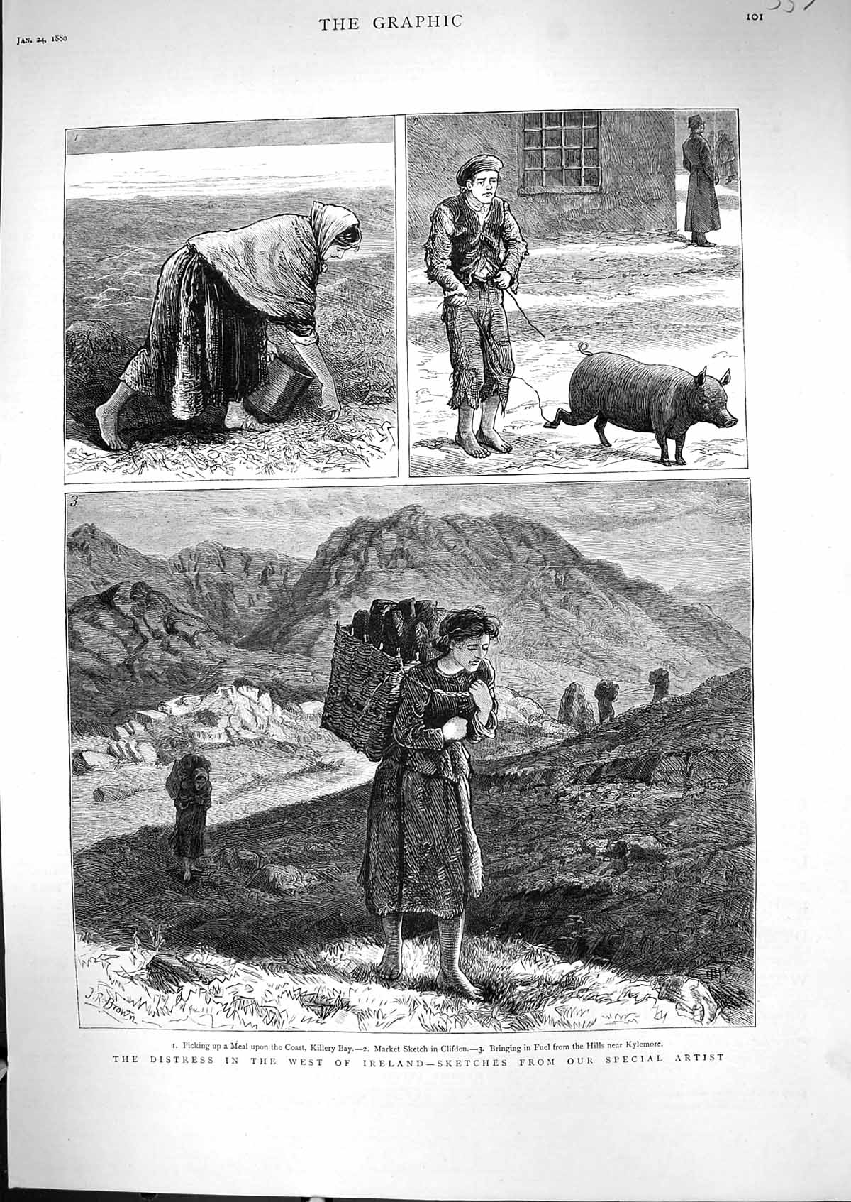 Old Print 1880 Distress Ireland Market Clifden Fuel Kylemore Killery Bay 19th