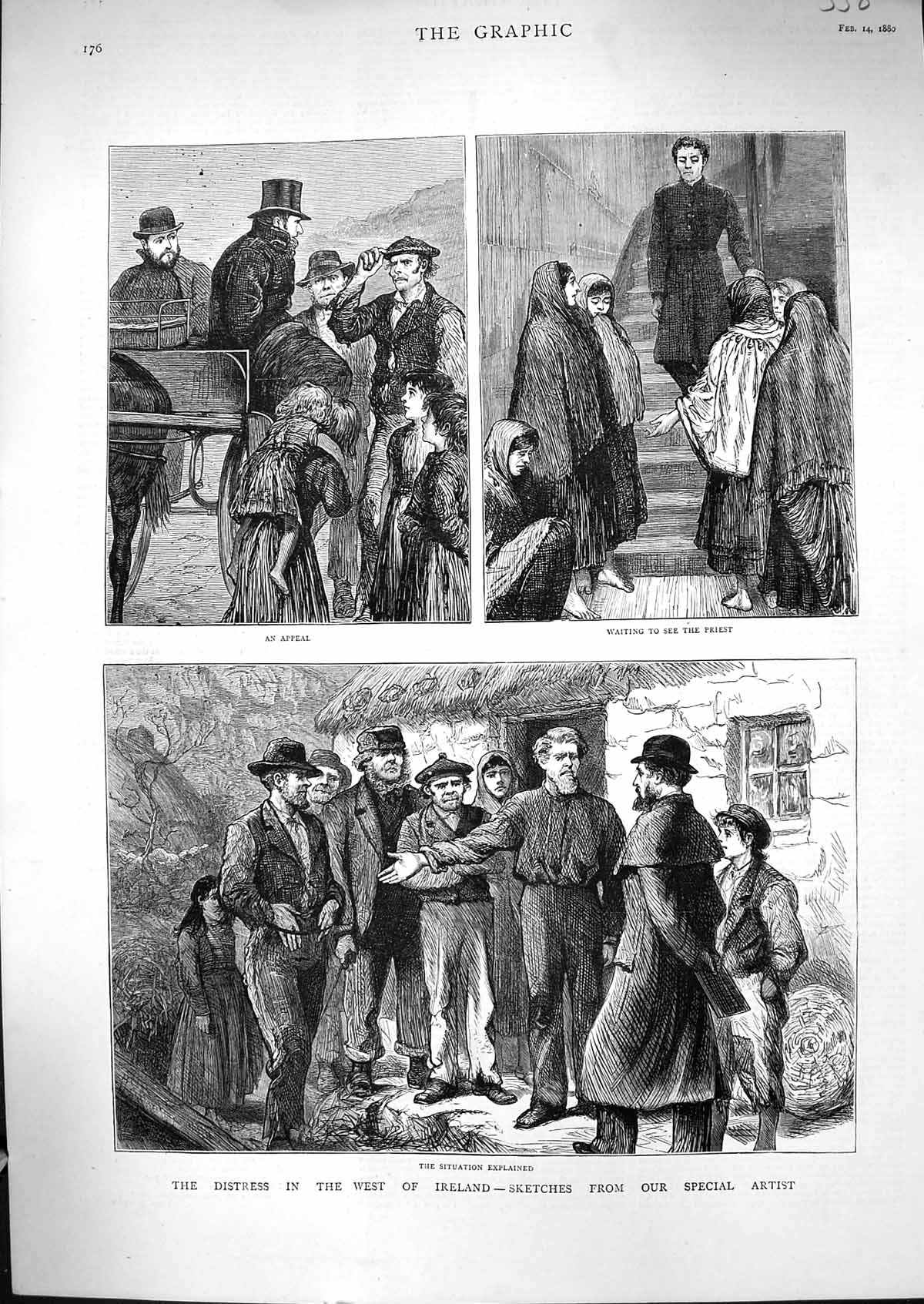 Original Old Antique Print 1880 Distress Ireland People Priest Family Home 19th