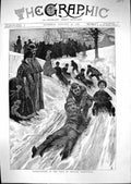 Old Antique Print 1886 Tobogganing Vale Health Hampstead Snow Sport Davis 19th
