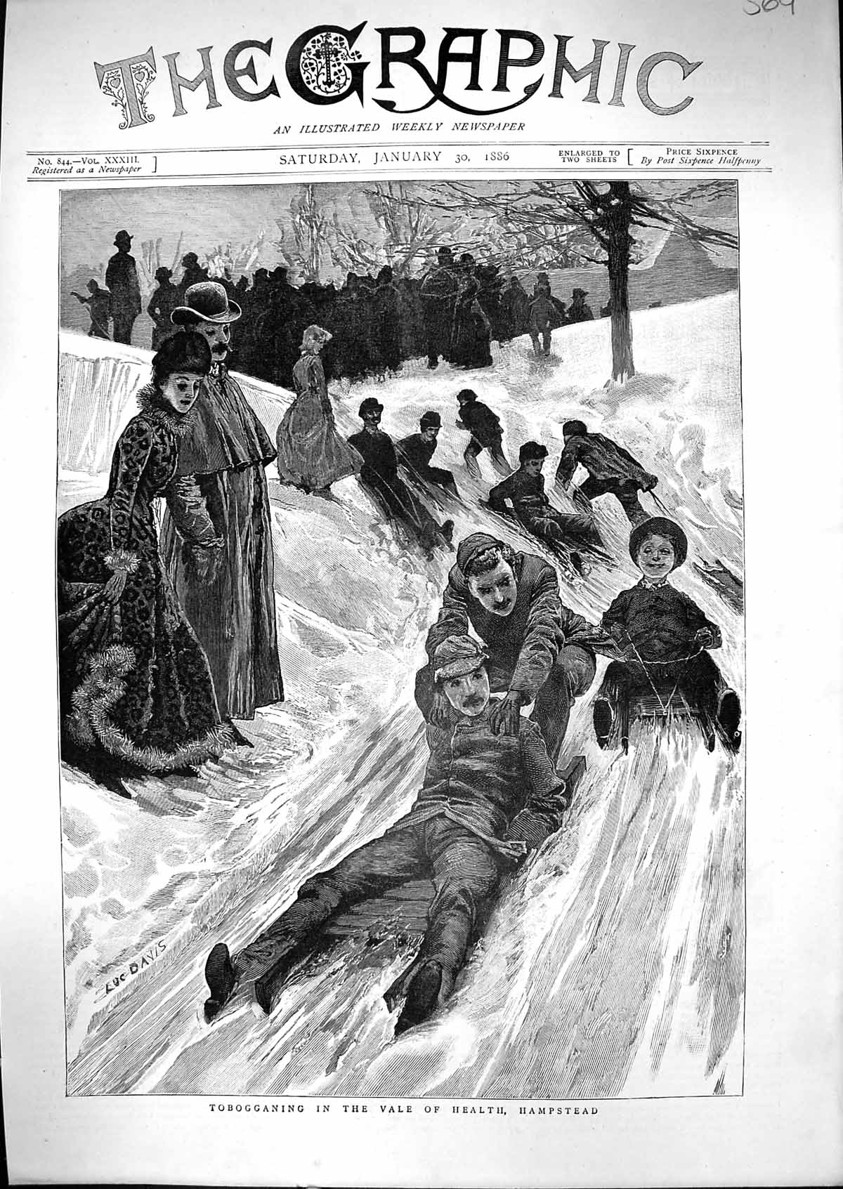 Old Antique Print 1886 Tobogganing Vale Health Hampstead Snow Sport Davis 19th