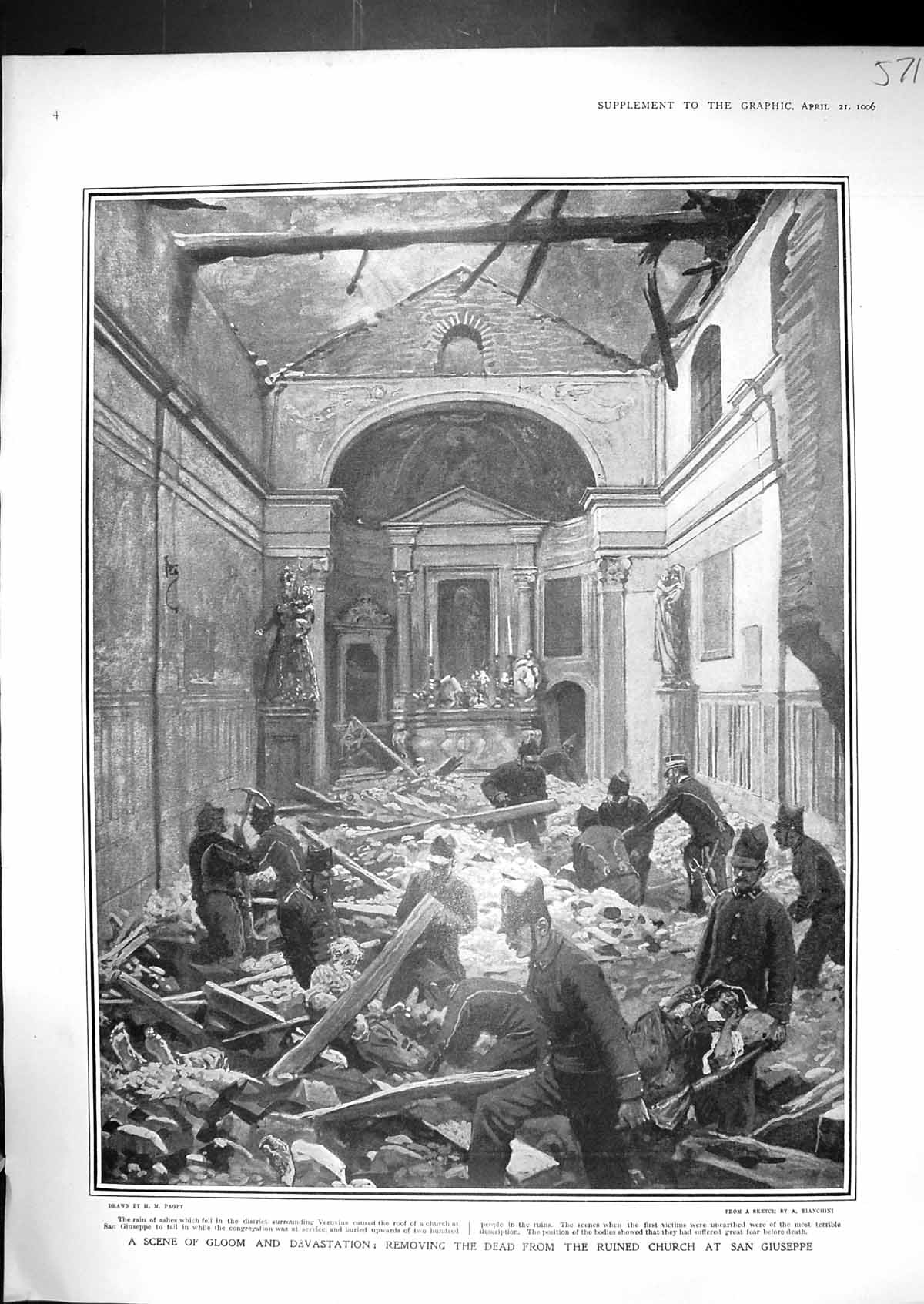 Antique Old Print 1906 Scene Removing Dead Bodies Ruined Church San Giuseppe