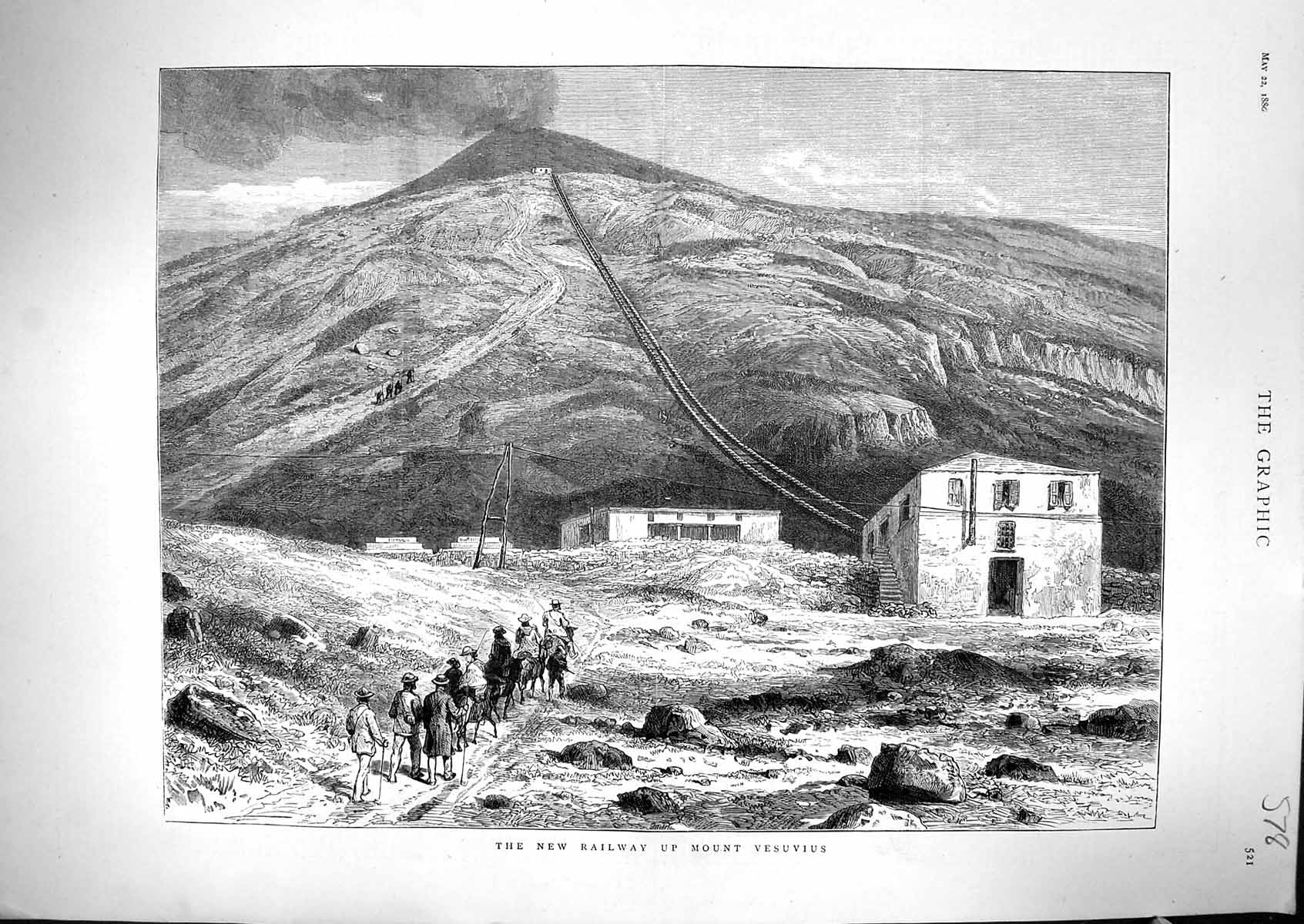 Old Antique Print 1880 Railway Mount Vesuvius Volcano Mountain Tourists 19th