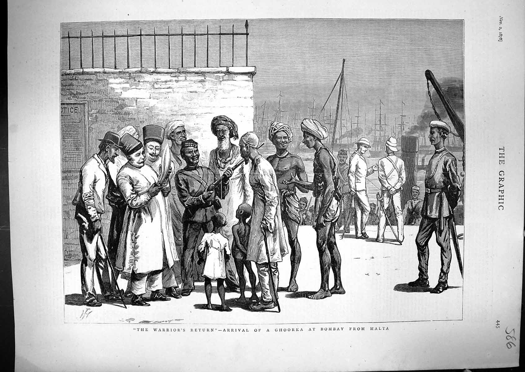 Old Antique Print 1878 Warrior Return Scene Arrival Ghoorka Bombay Malta 19th