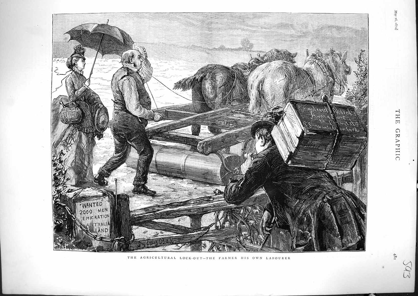Antique Old Print 1874 Agricultural Lock-Out Farmer Labourer Horses Fine Art