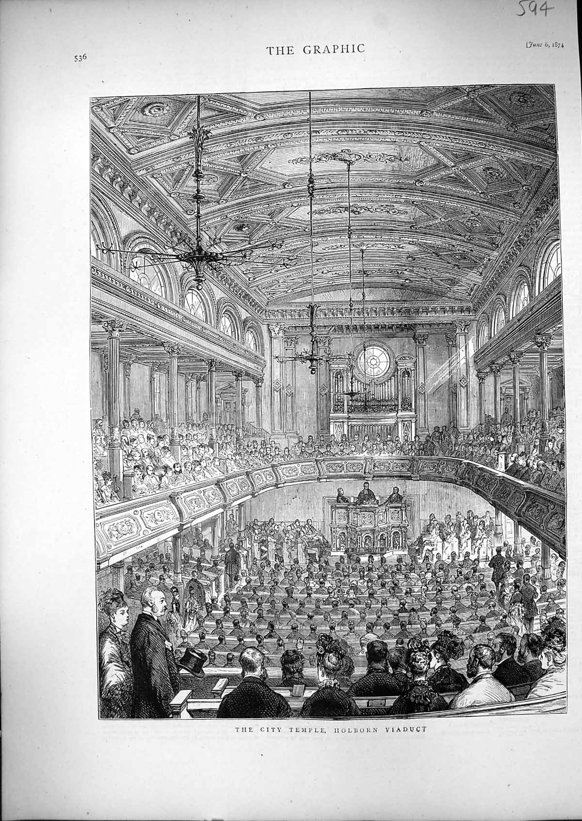 Original Old Antique Print 1874 City Temple Holborn Viaduct London Architecture