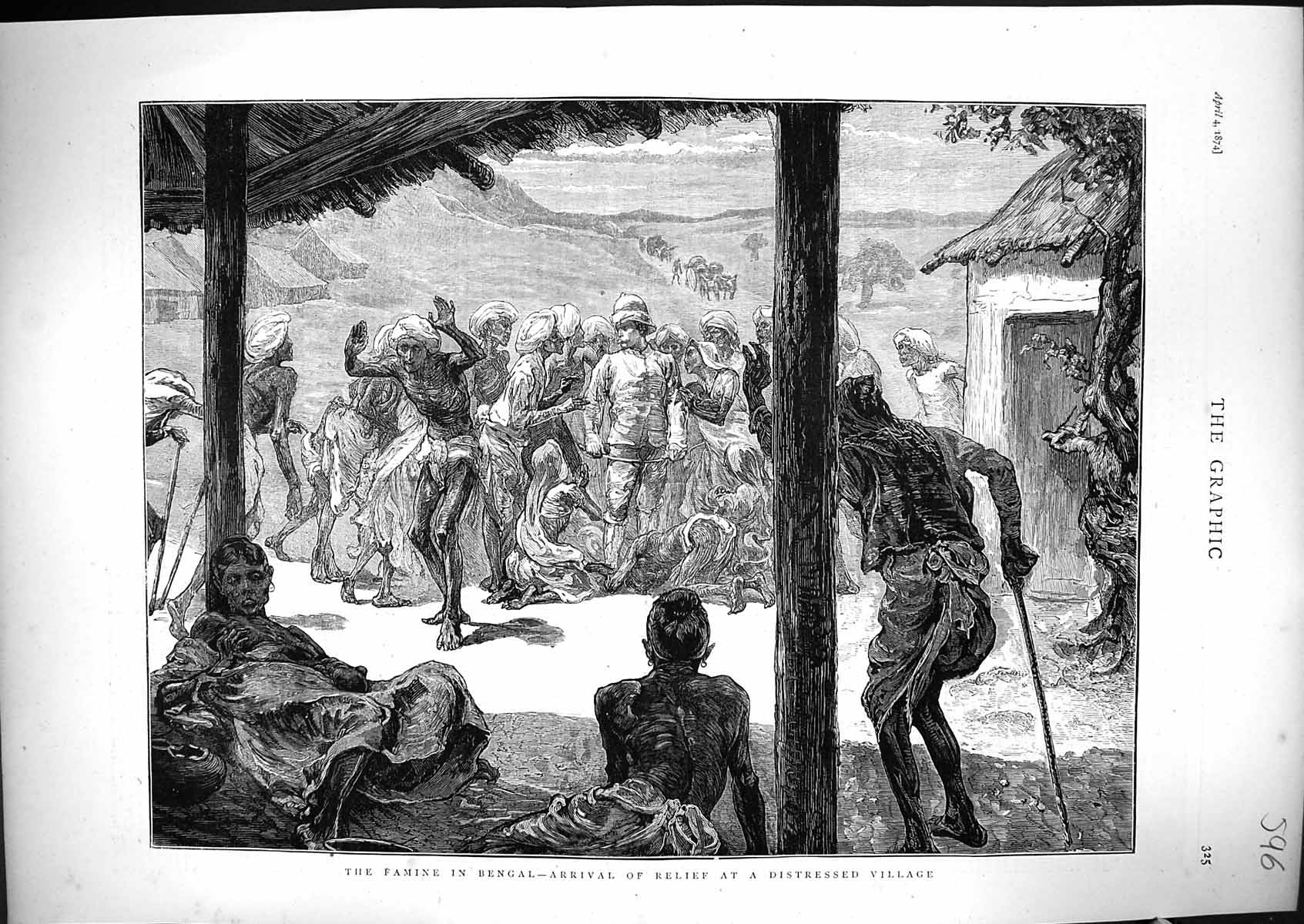 Old 1874 Famine Bengal Scene Arrival Relief Distressed Village Native Victorian