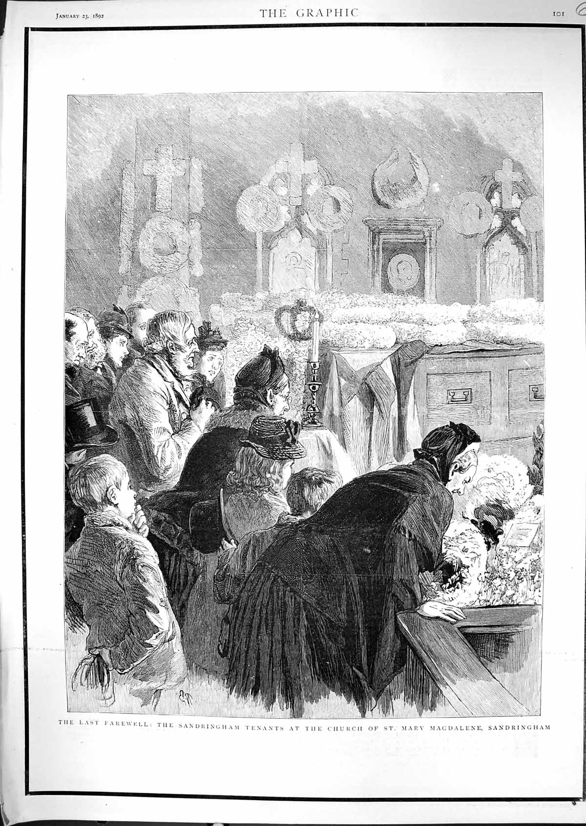 Antique Old Print 1892 Sandringham Tenants Church St. Mary Magdalene Funeral