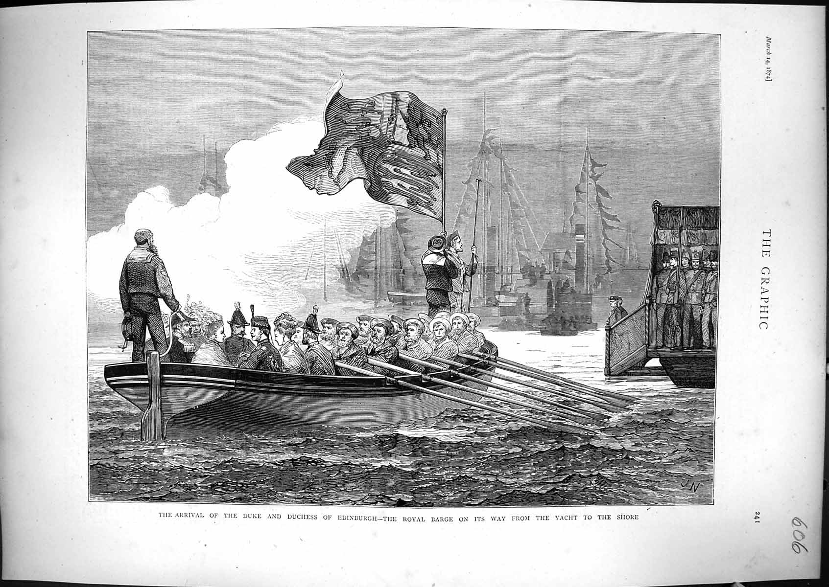 Original Old Antique Print 1874 Arrival Duke Edinburgh Royal Barge Ship Yacht