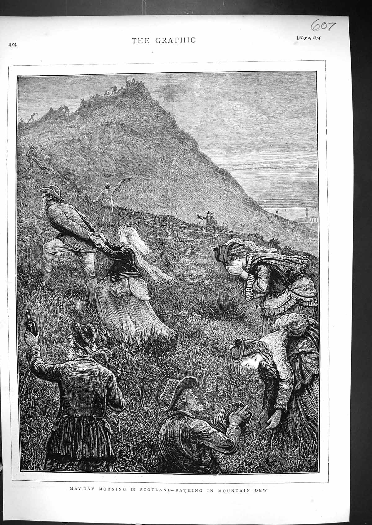 Old 1874 Mid-Day Morning Scene Scotland Bathing Mountain Dew Fine Art Victorian