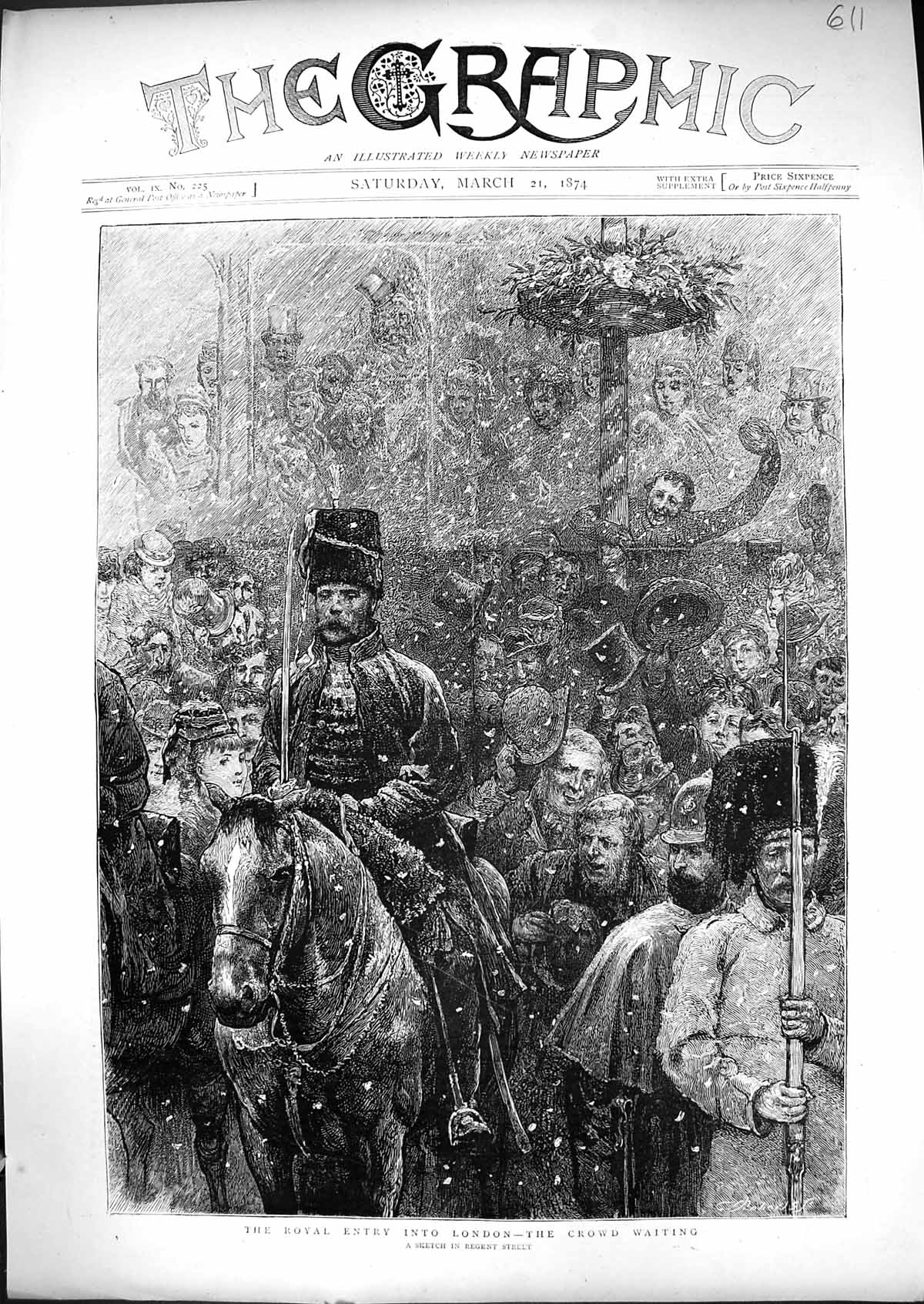 Old 1874 Royal Entry London Crowd Procession Regent Street Snow Fine Victorian