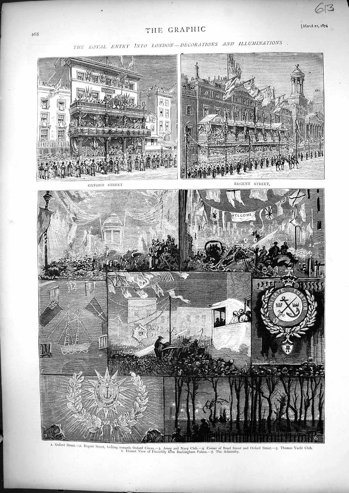 Old 1874 London Decorations Illuminations Oxford Regent Street Yacht Victorian
