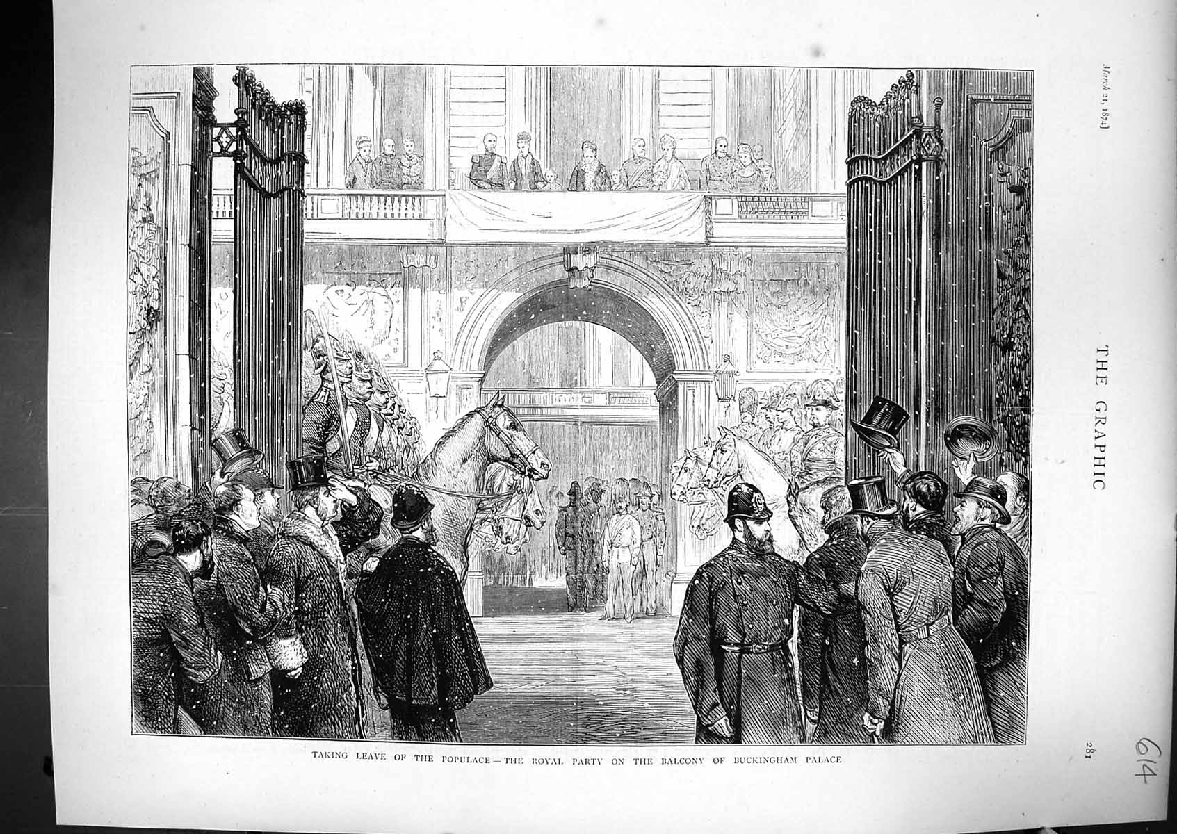 Old Print 1874 Royal Party Balcony Buckingham Palace London Queen Family 19th