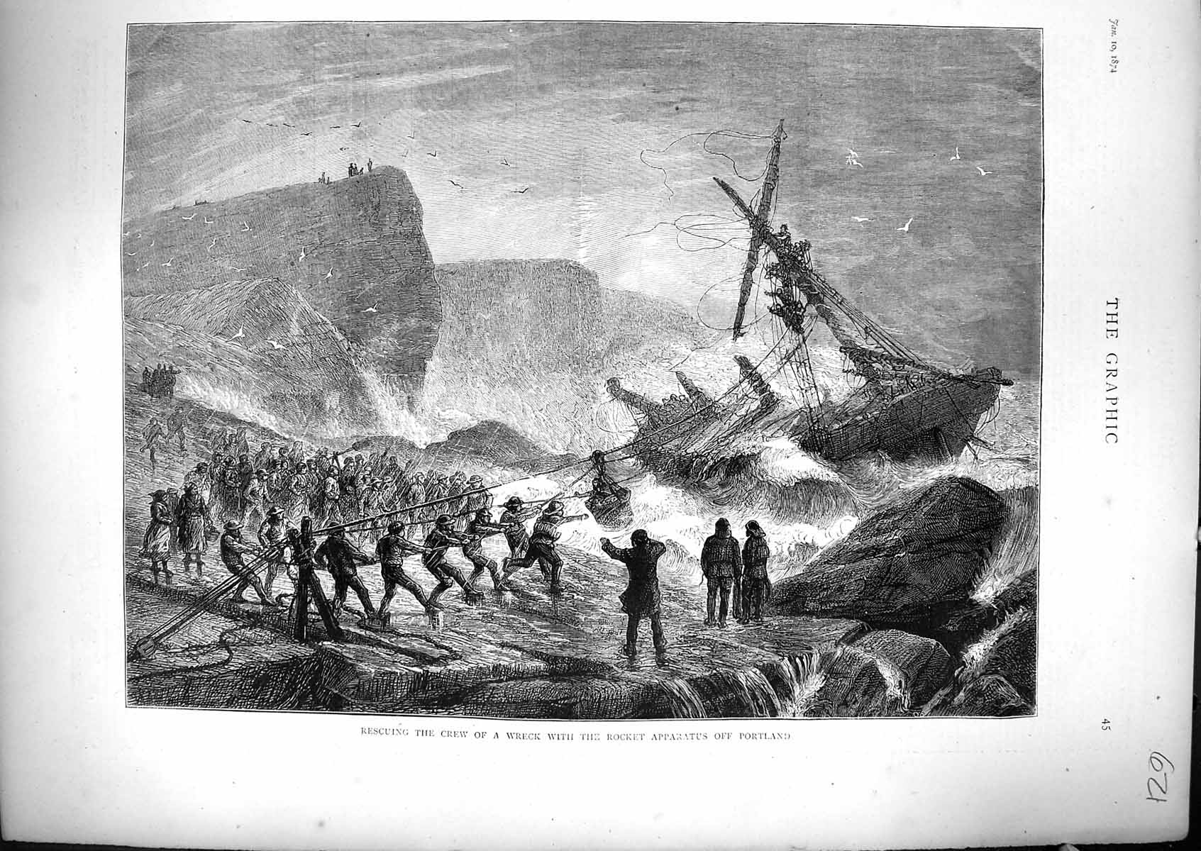 Old 1874 Rescuing Crew Ship Wreck Rocket Apparatus Portland Fine Art Victorian