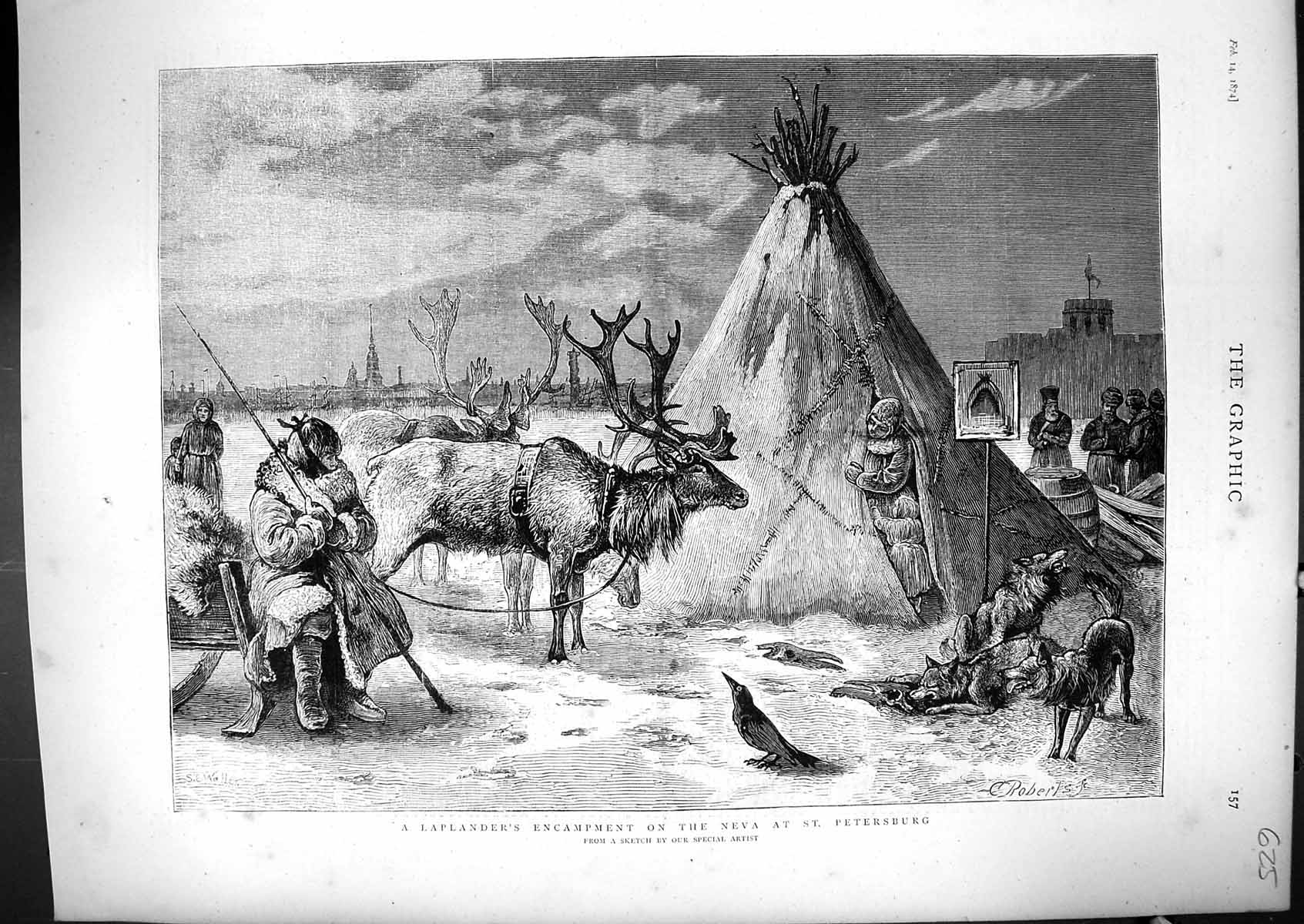 Antique Old Print 1874 Laplanders Encampment Neva St. Petersburg Stags Snow