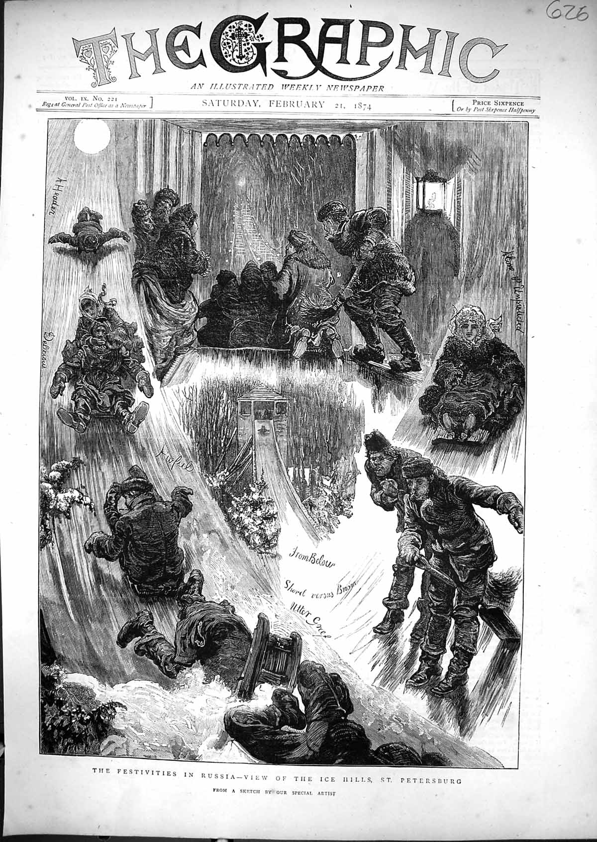 Antique Print 1874 Festivities Russia Ice Hills St. Petersburg Snow Sledge 19th