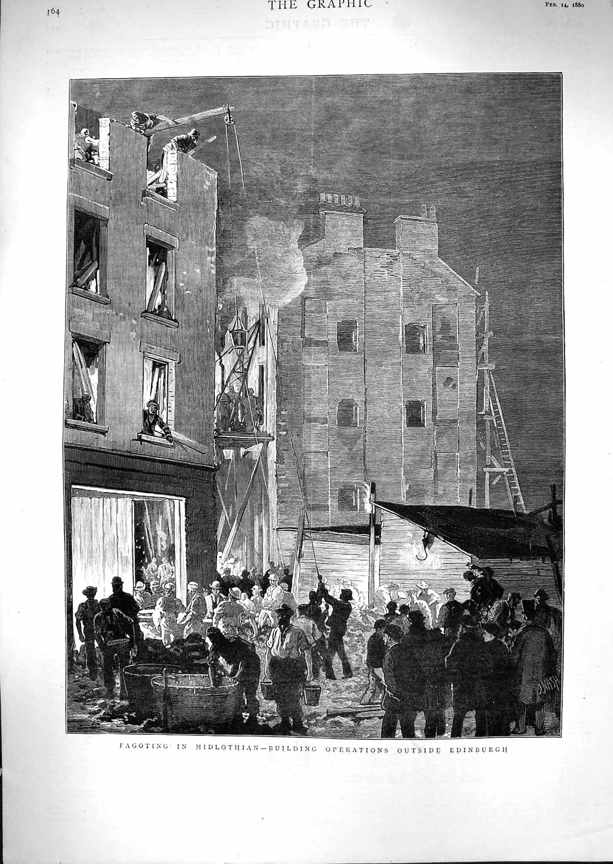 Old Print 1880 Fagoting Midlothian Building Operations Edinburgh Scotland 19th