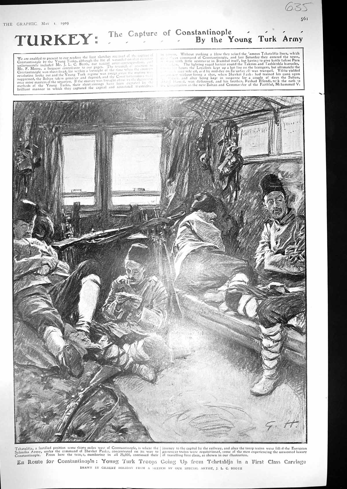 Old Print 1909 Turkey War Siers Turk Troops Tchataldja Railway Train Car 20th