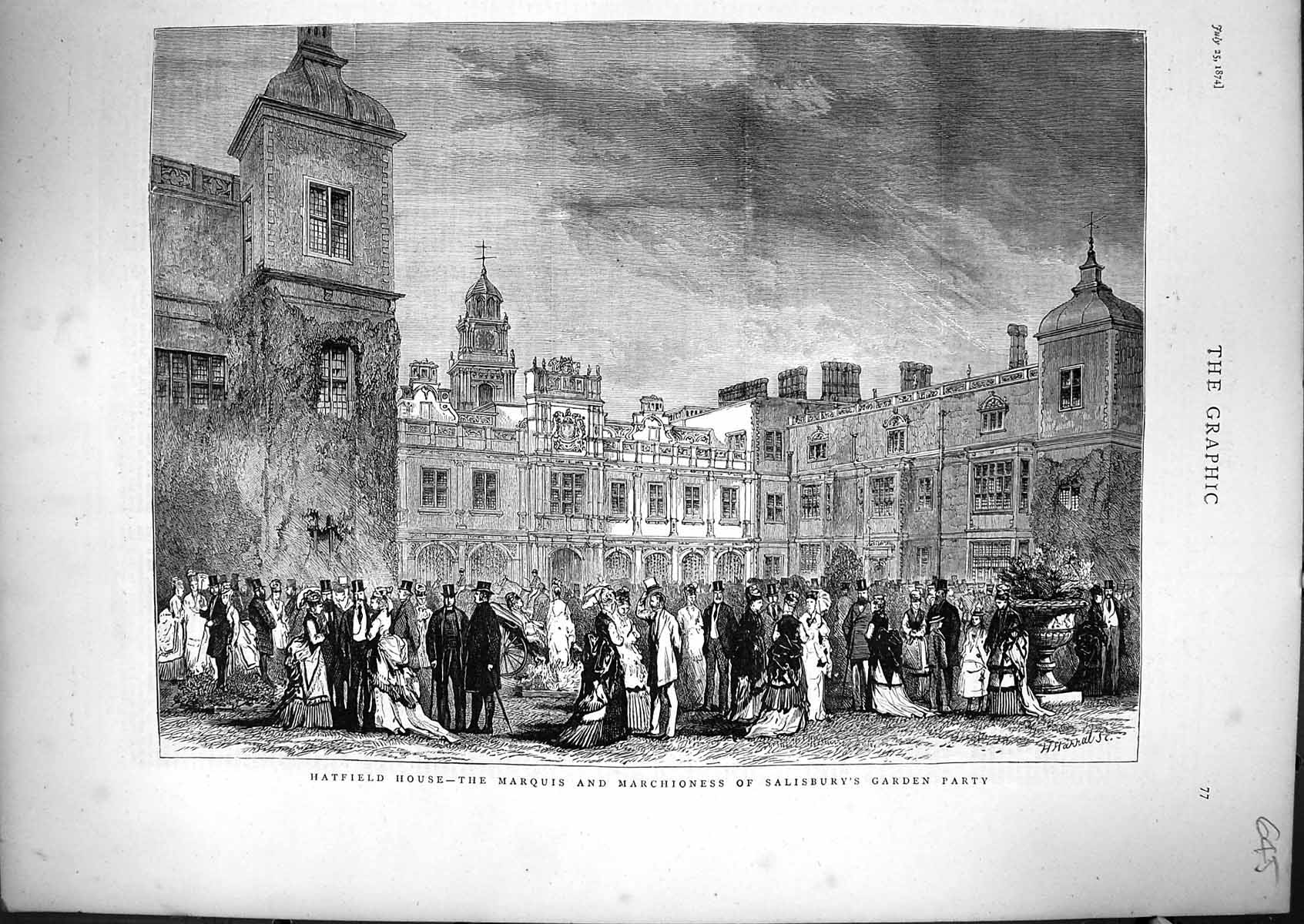 Old Print 1874 Hatfield House Marquis Marchioness Salisbury Garden Party 19th