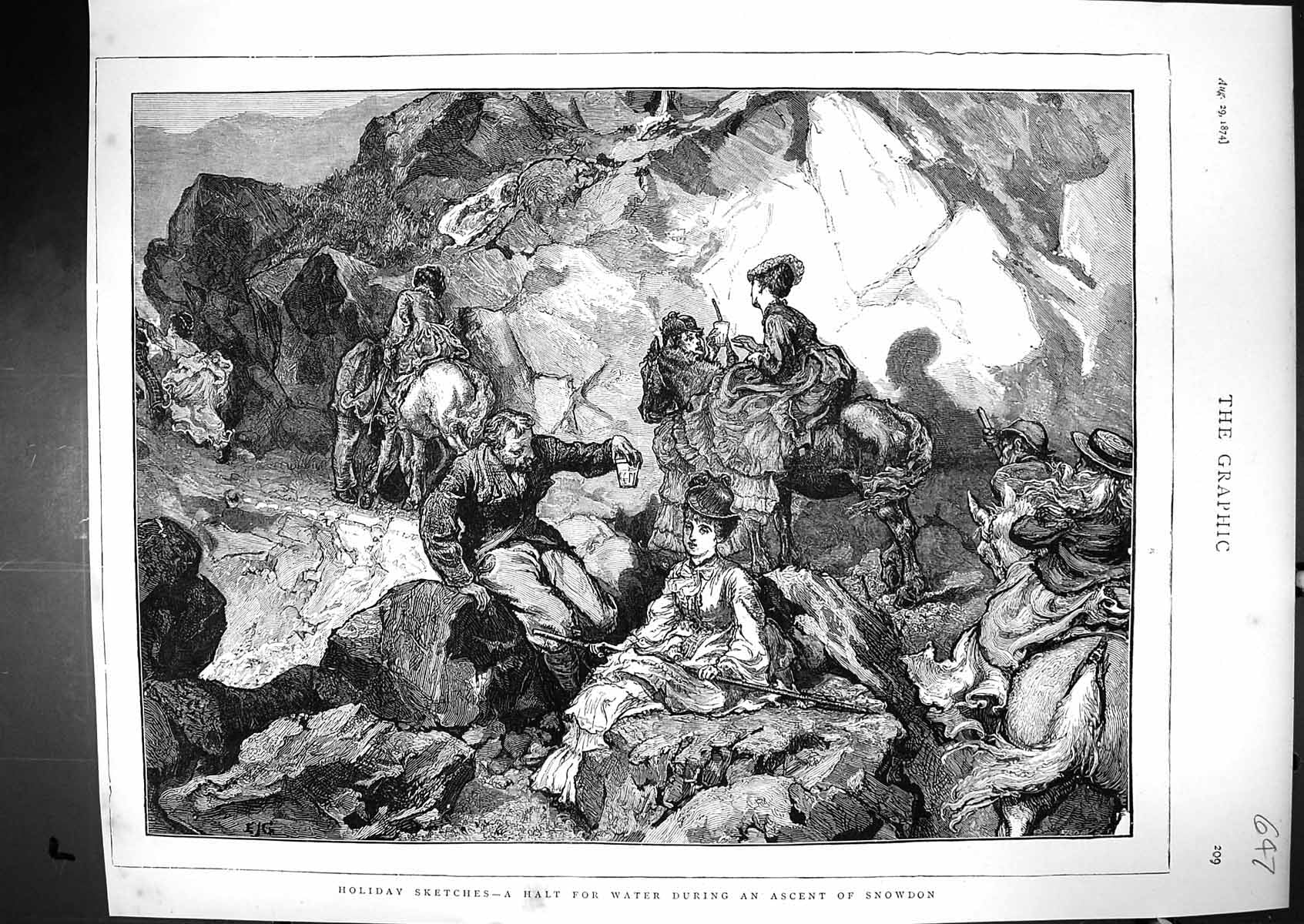 Old 1874 Holiday Tourists Halt Water Ascent Snowdon Mountain Climbing Victorian