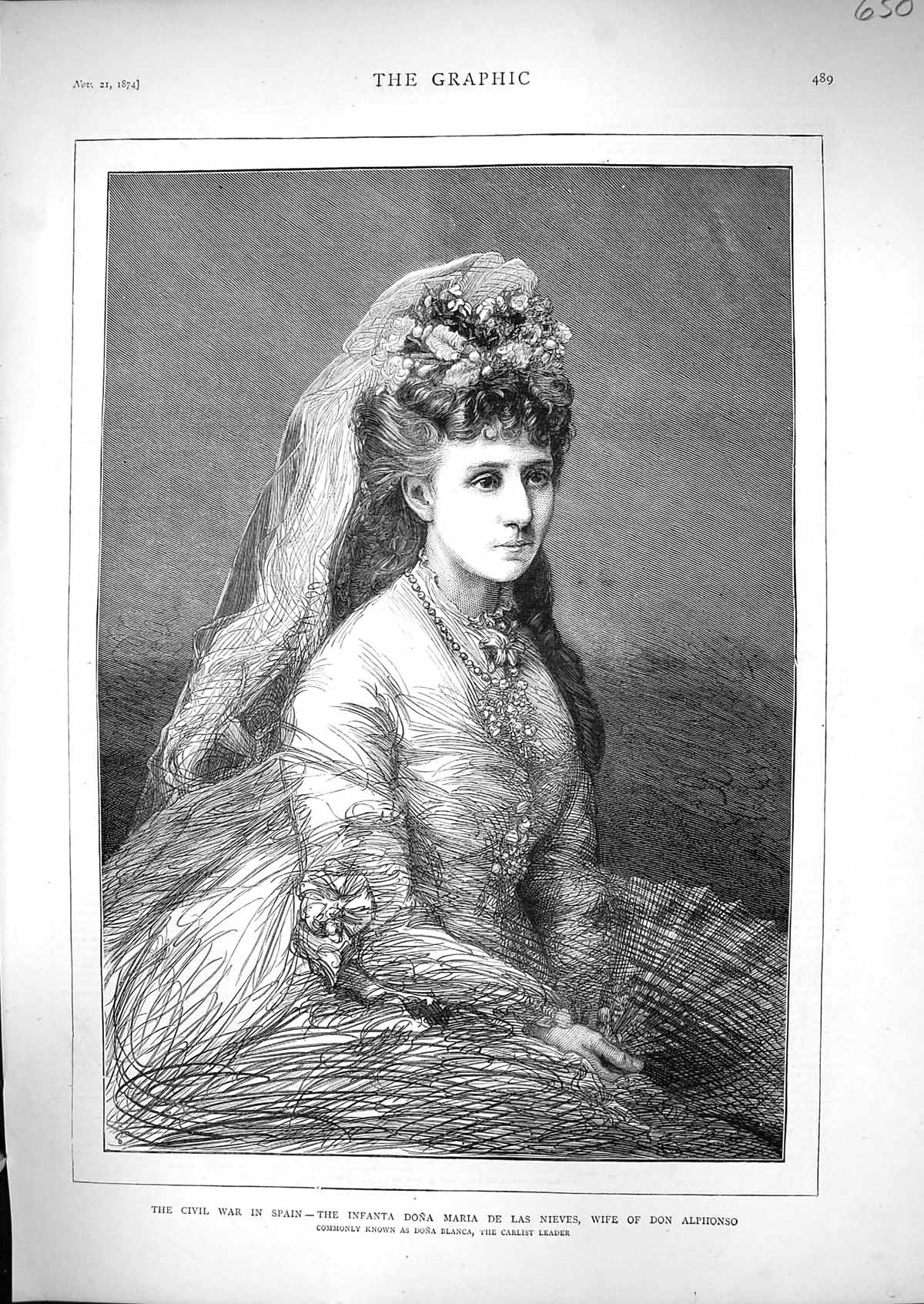 Old Antique Print 1874 Infanta Dona Maria De Las Nieves Wife Don Alphonso 19th