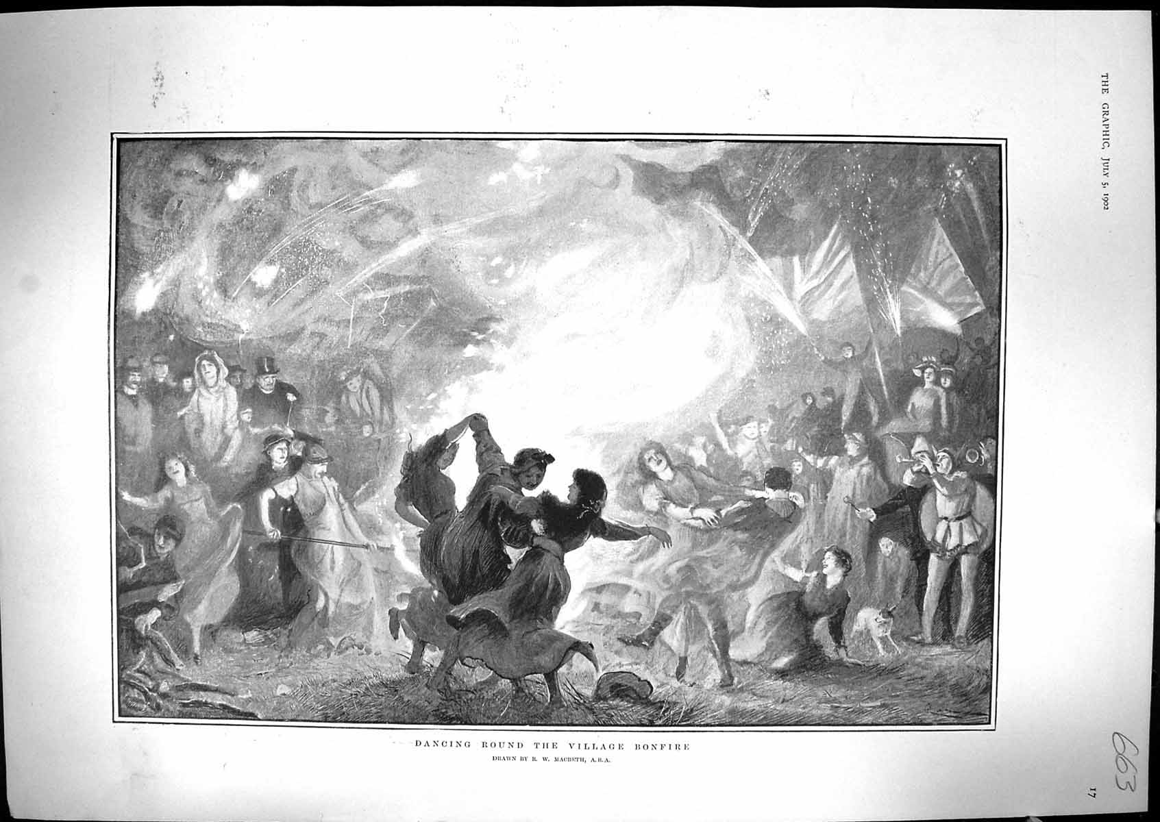 Antique Print 1902 Scene Dancing Round Village Bonfire Celebrations Macbeth