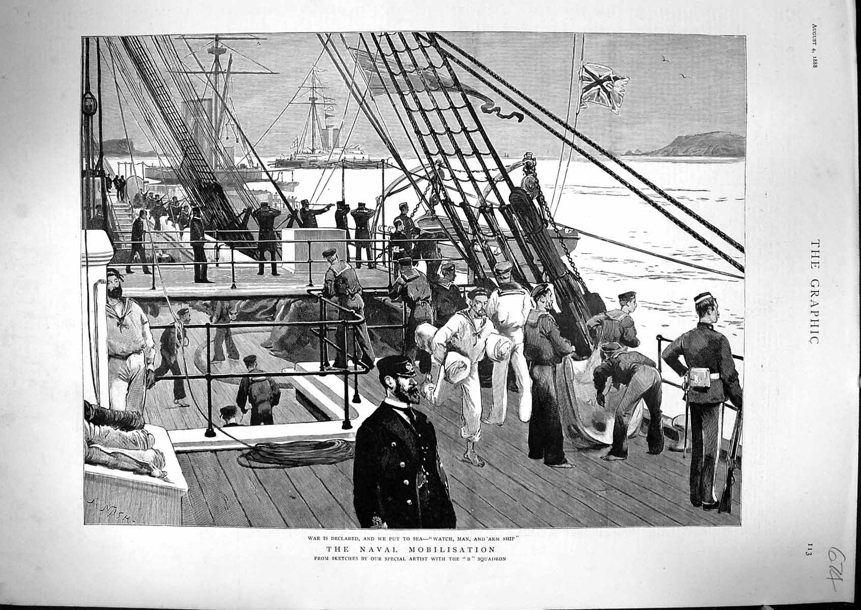 Old Antique Print 1888 Navy War Ship Naval Mobilisation Sailors Fine Art 19th