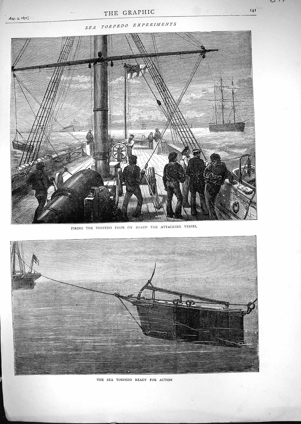 Original Old Antique Print 1871 Sea Torpedo Experiments Firing Ship Fine Art