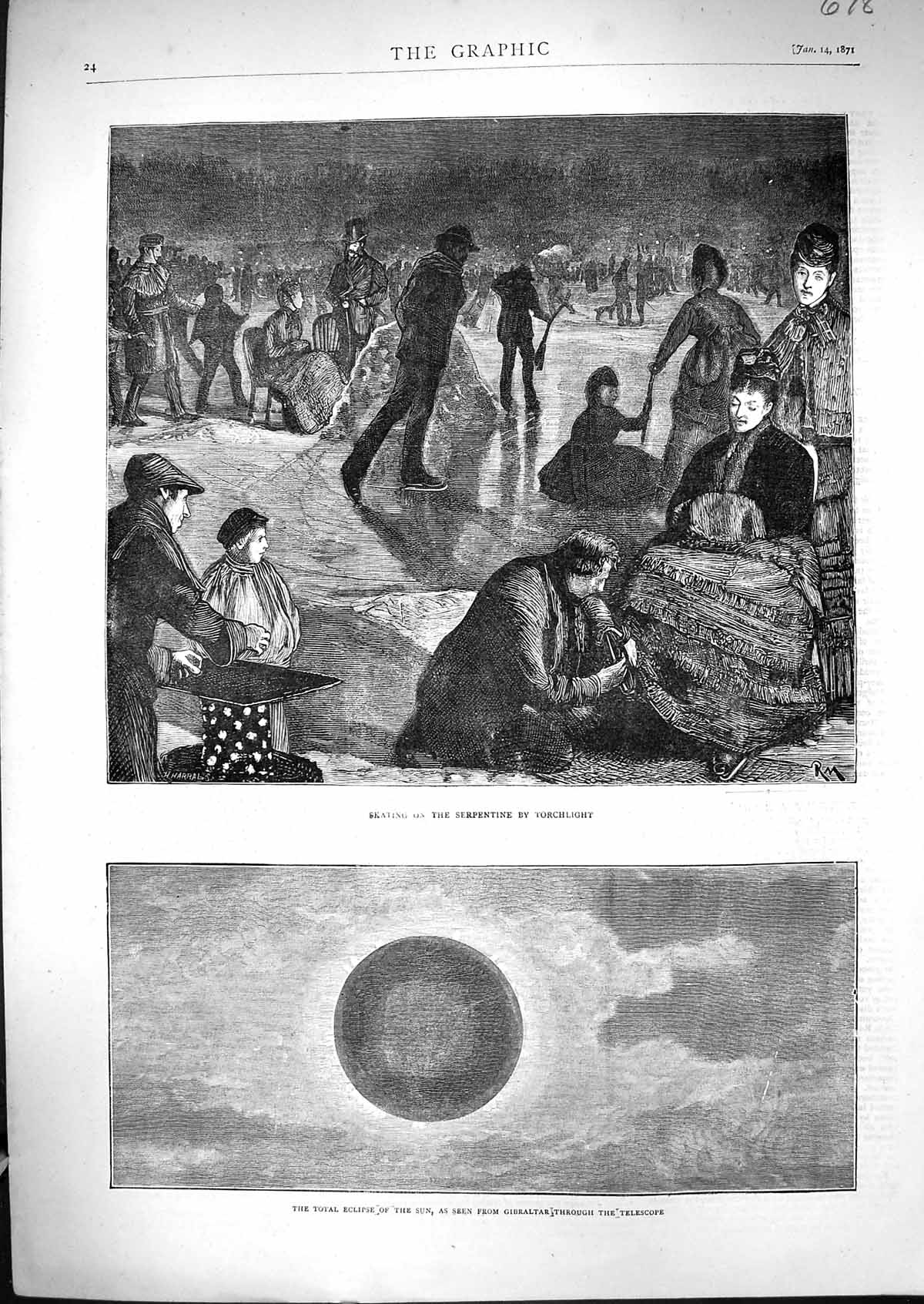 Old 1871 Ice Skating Serpentine Torchlight Total Eclipse Sun Gibralta Victorian