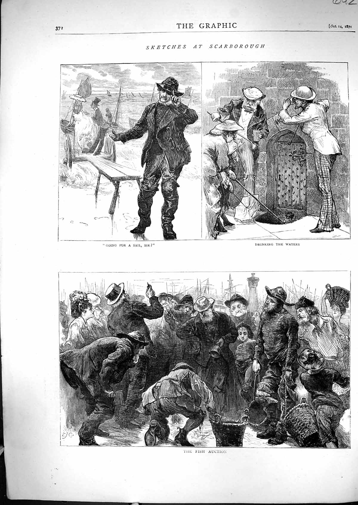 Old Antique Print 1871 Scarborough England Fish Auction Drinking Waters 19th