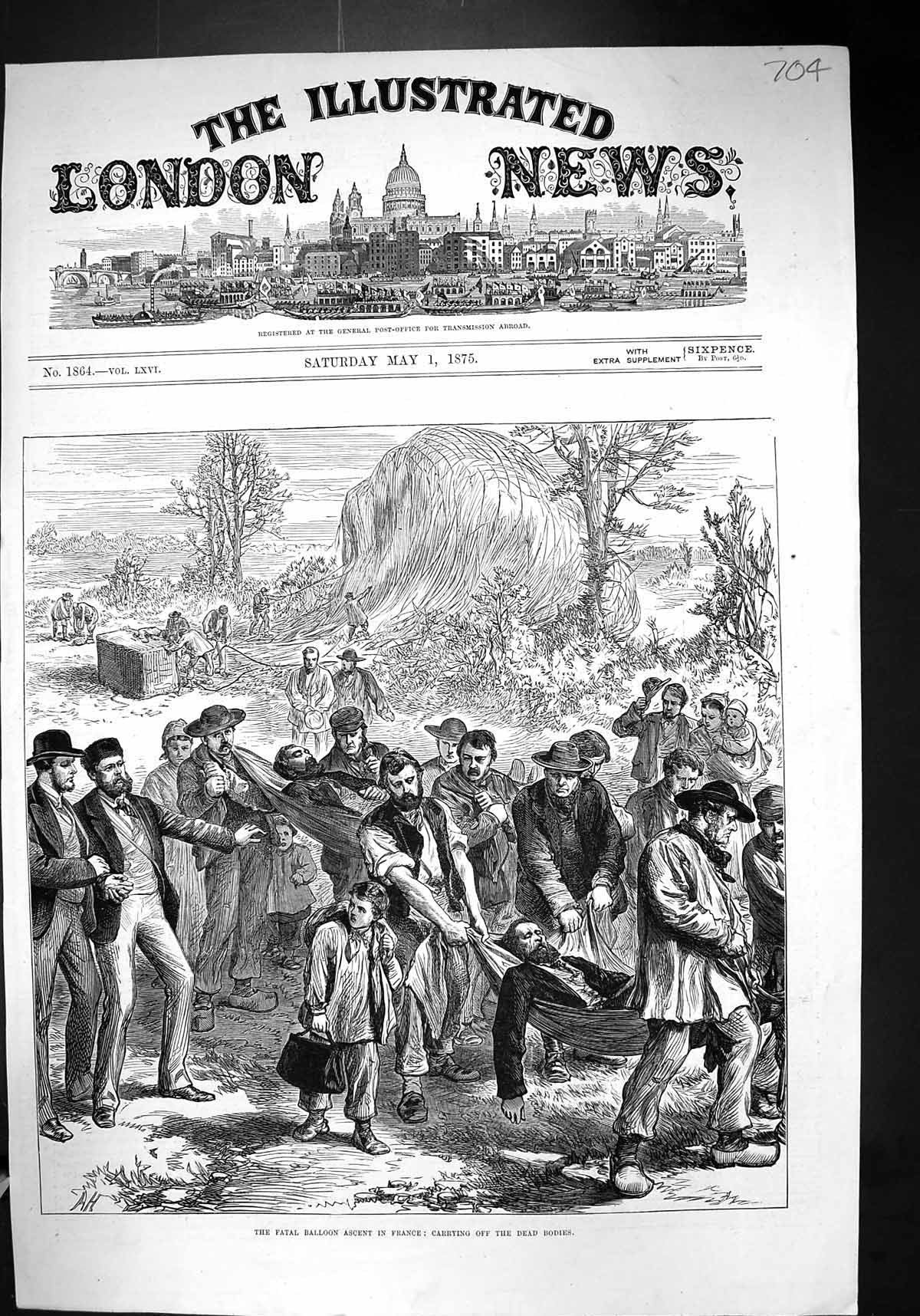 Old 1875 Fatal Hot Air Balloon Ascent France Scene Carrying Dead Bodi Victorian